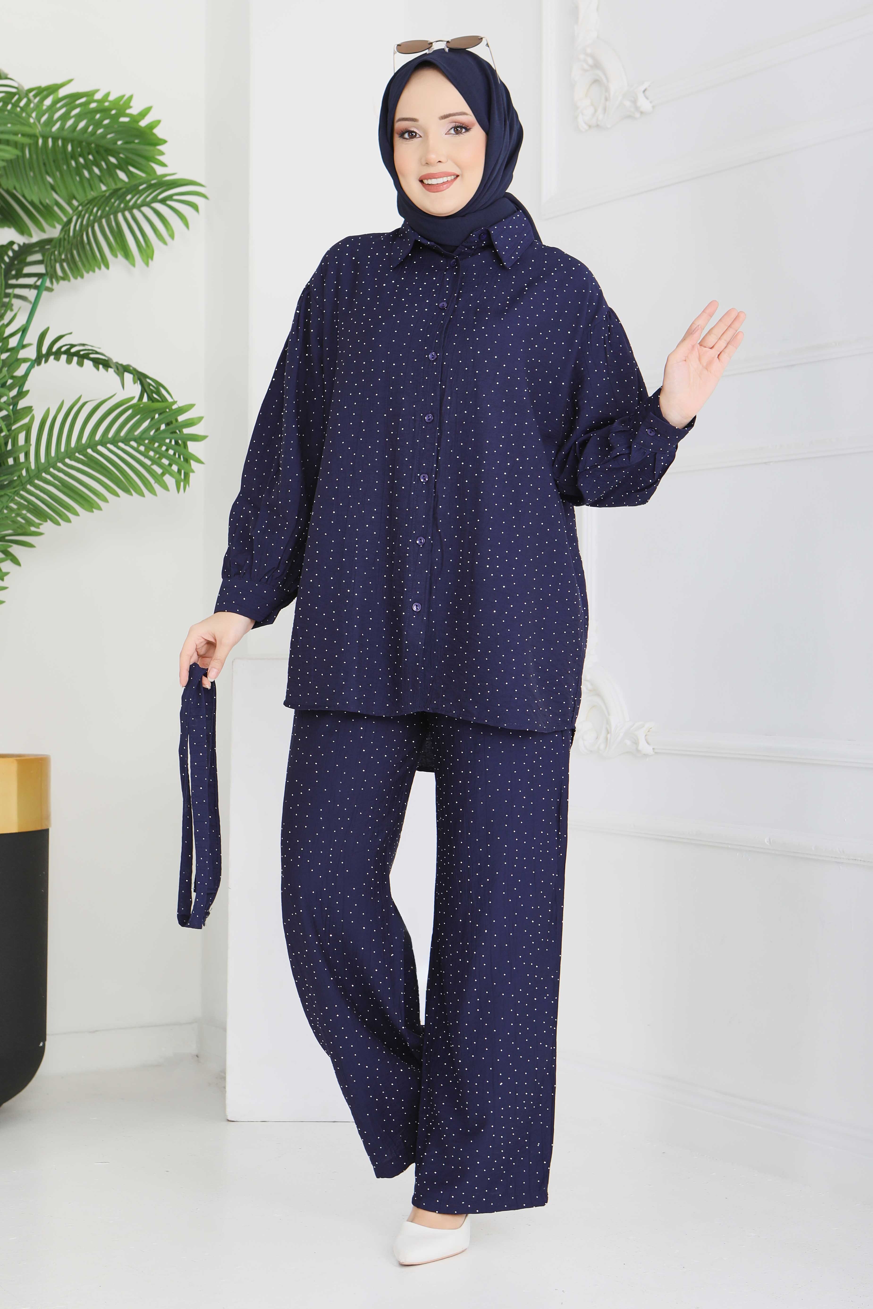 Serpme Taş Detaylı İkili Takım - 28219-LACIVERT - 1