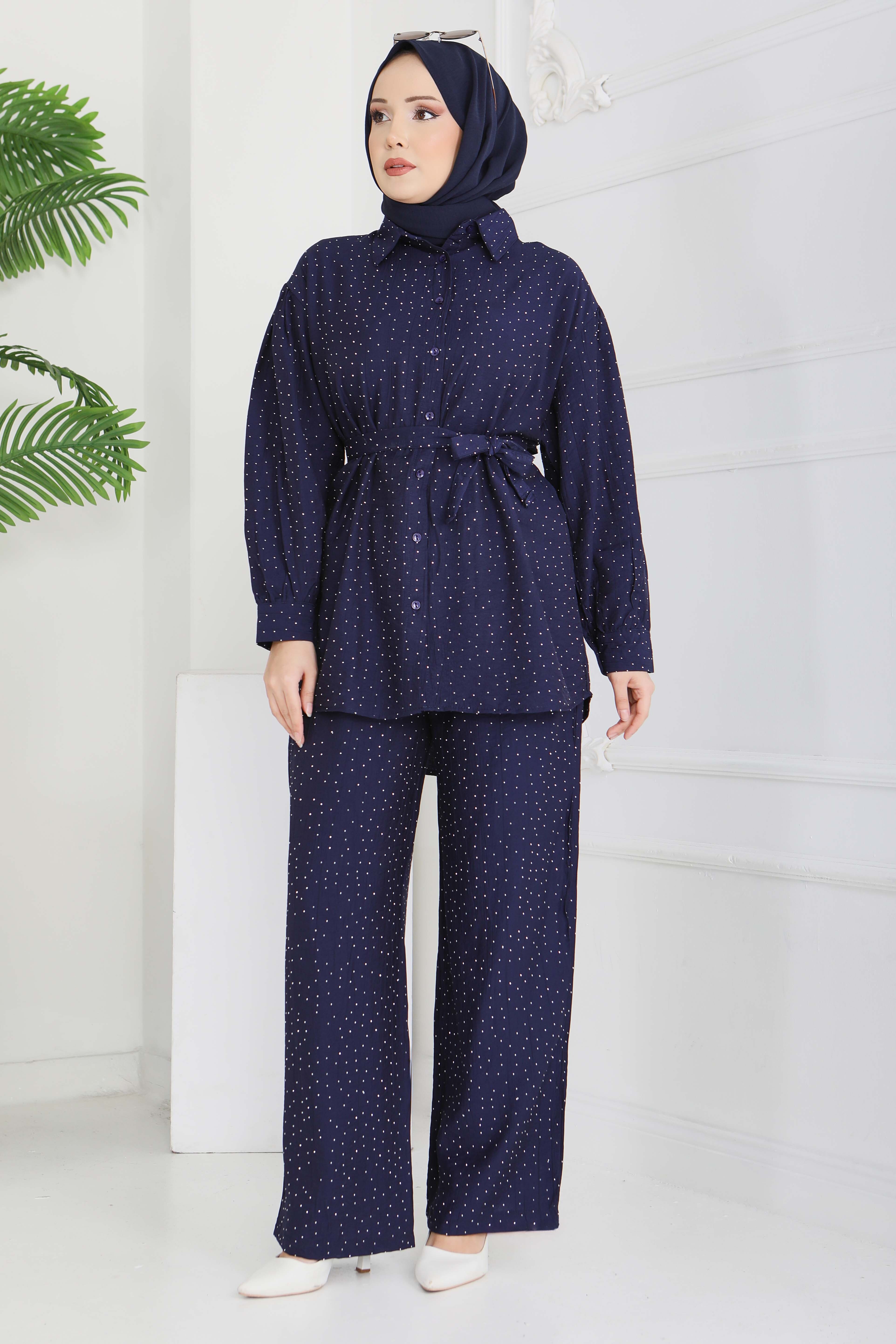 Serpme Taş Detaylı İkili Takım - 28219-LACIVERT - 4