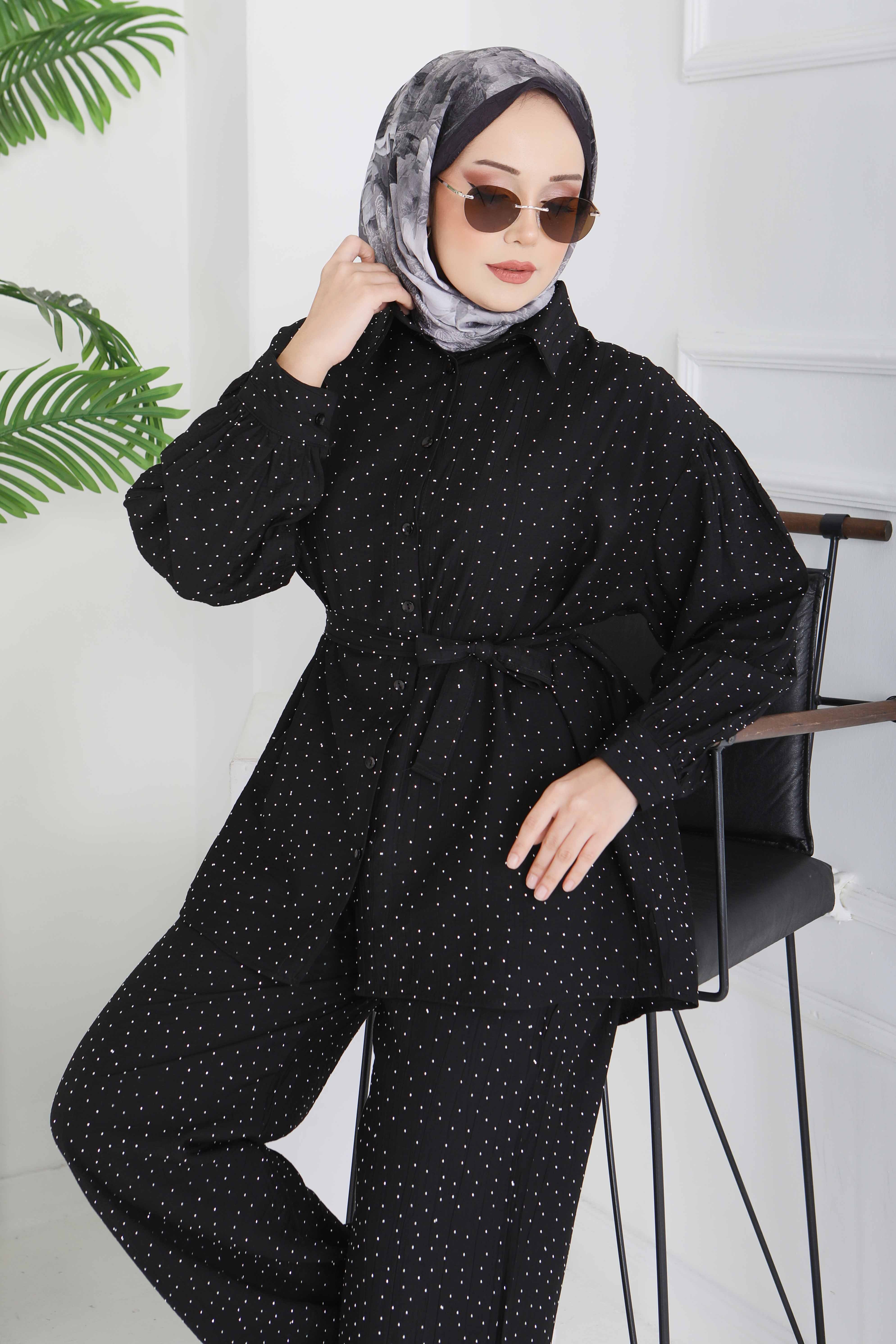 Serpme Taş Detaylı İkili Takım - 28219-SIYAH - 1