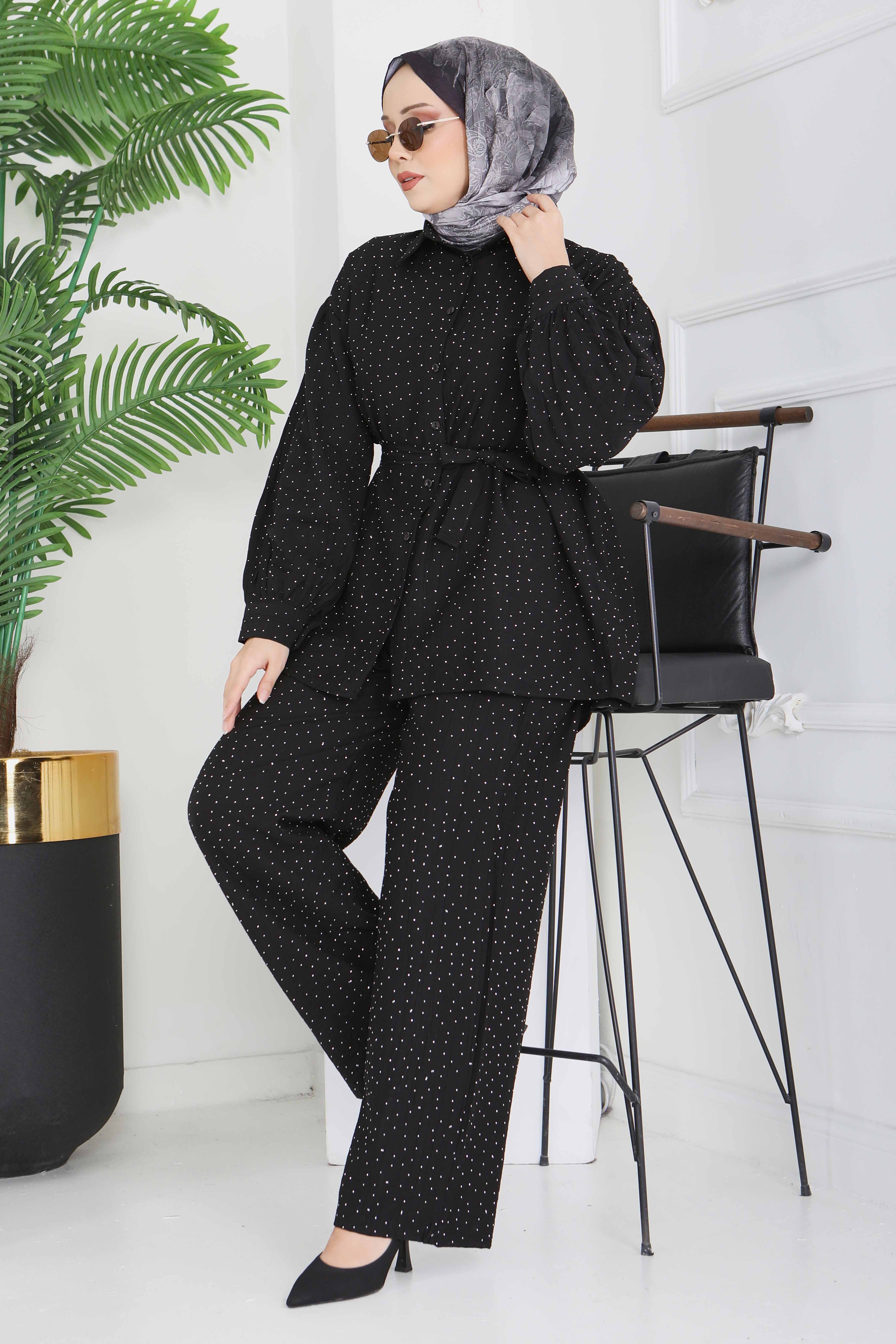 Serpme Taş Detaylı İkili Takım - 28219-SIYAH - 2