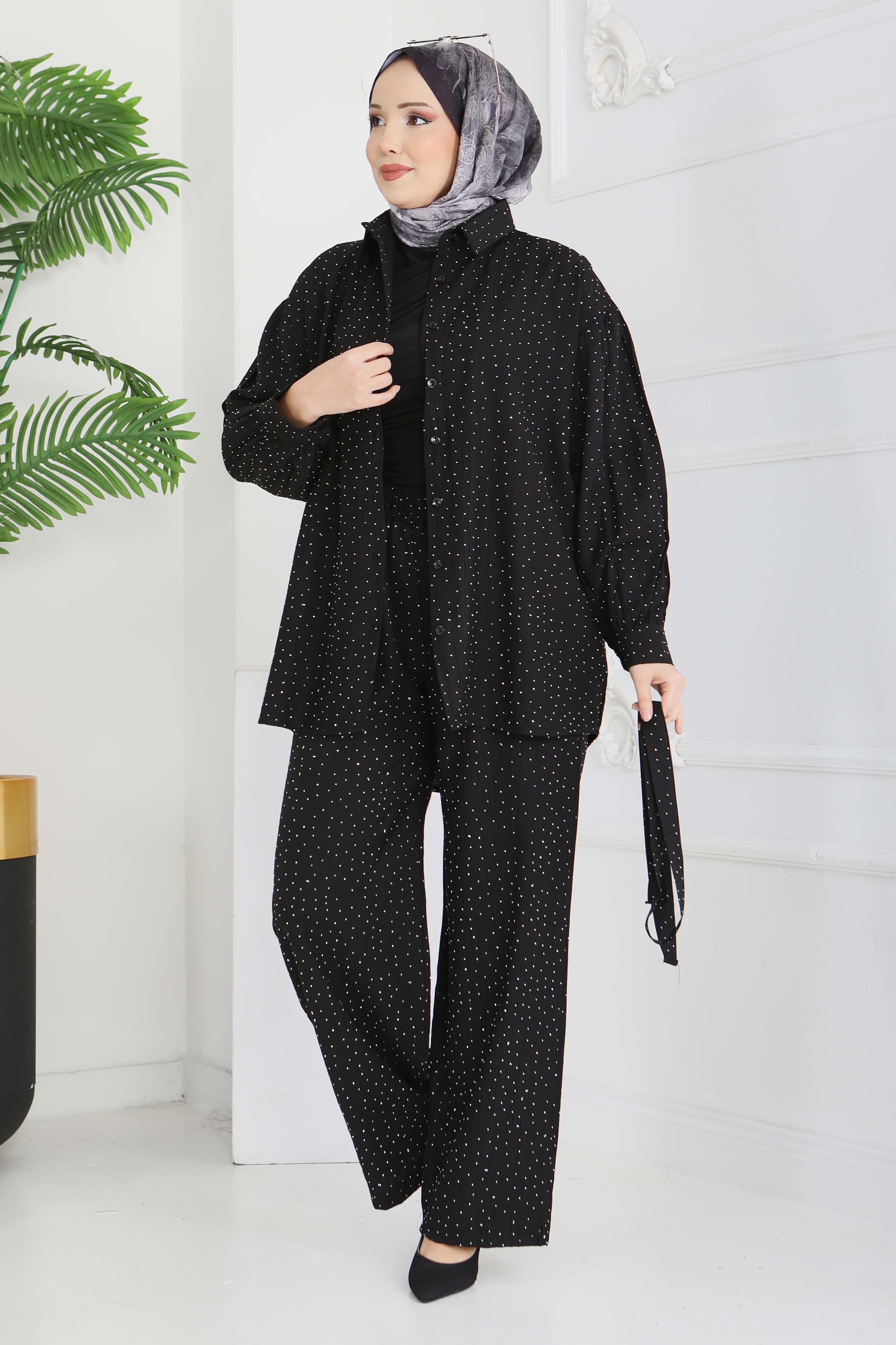 Serpme Taş Detaylı İkili Takım - 28219-SIYAH - 3