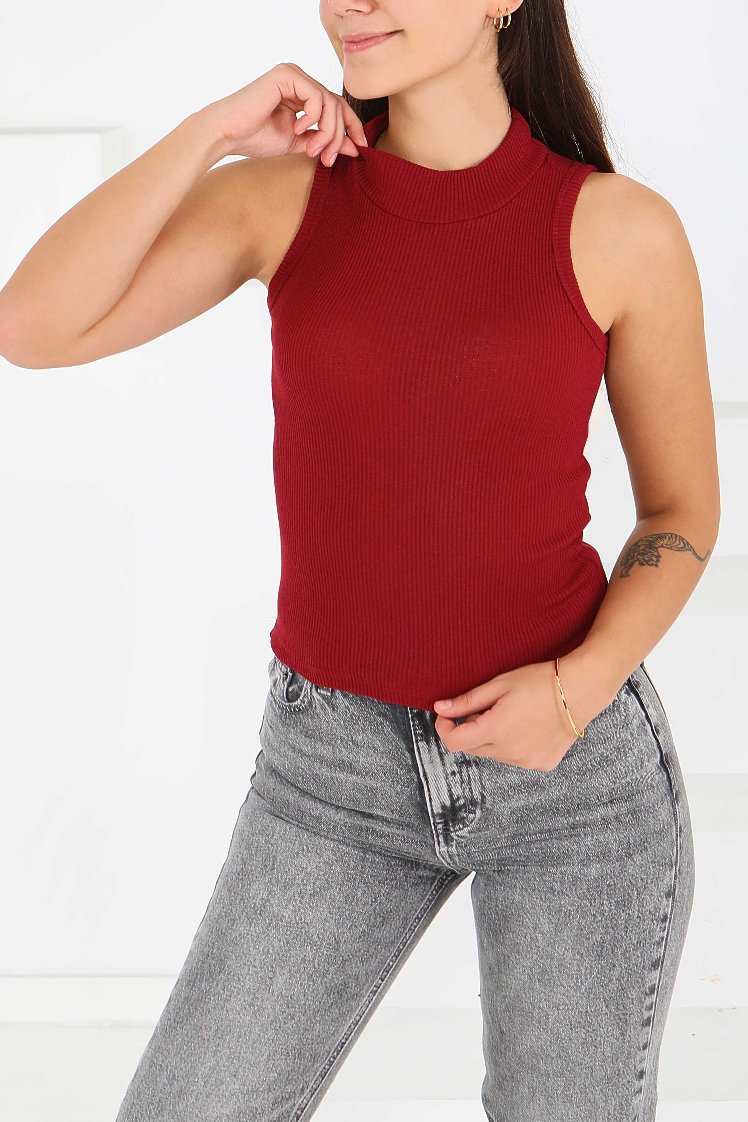 Sıfır Kol Kaşkorse Crop - 27801-BORDO - 3