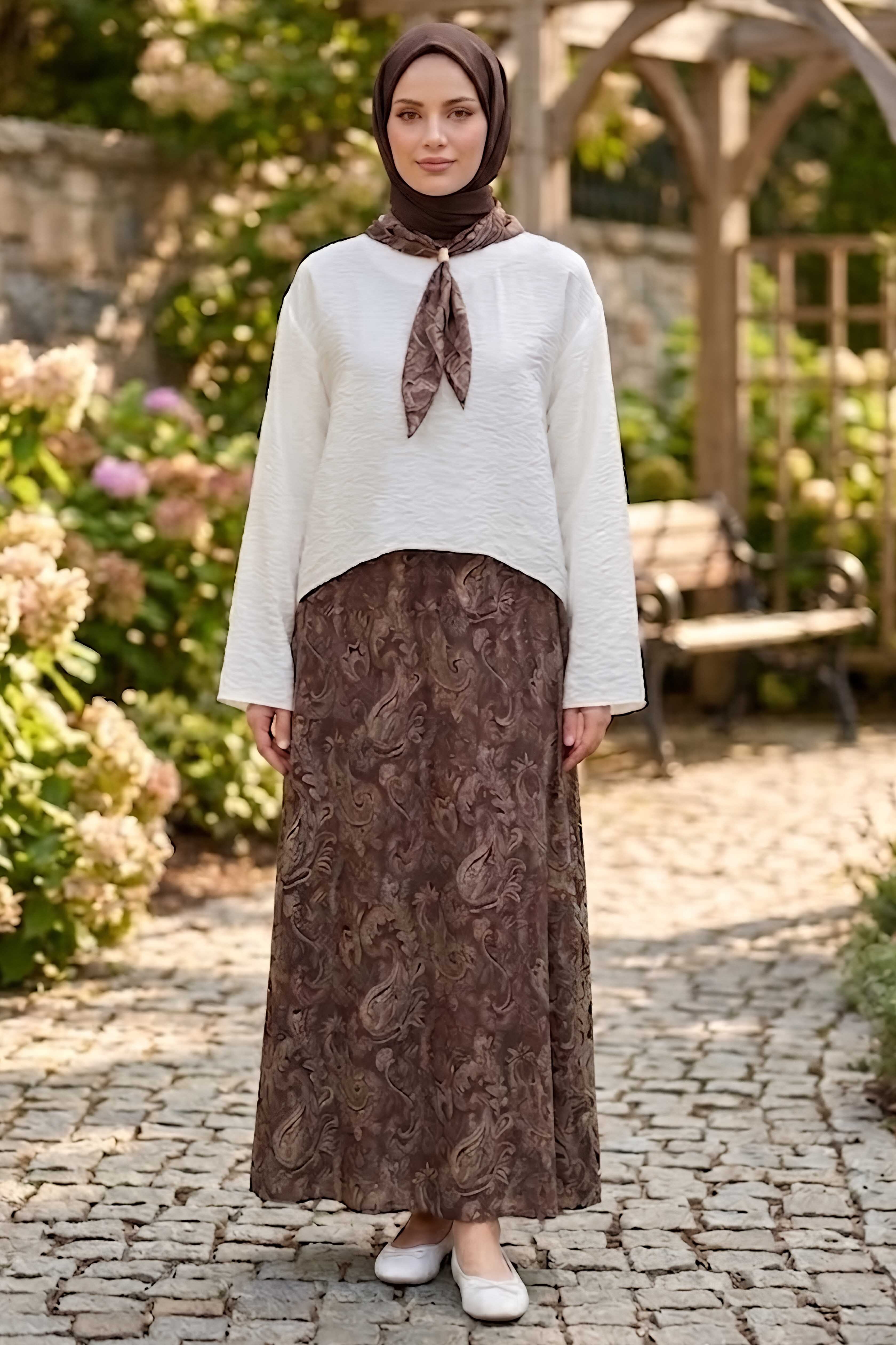 Şifon Fularlı Etekli Takım Kahve - 28696-KAHVE - 2