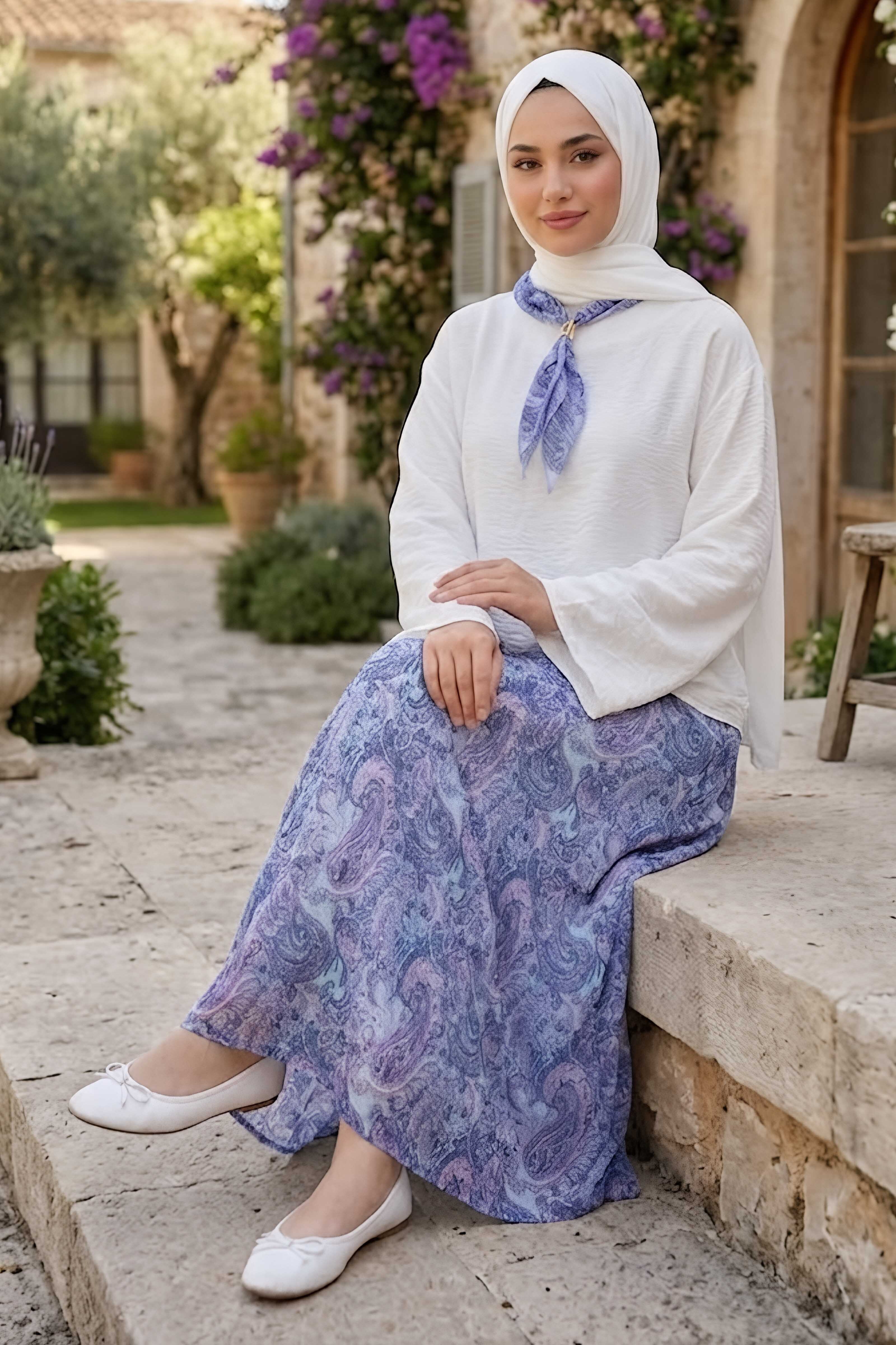 Şifon Fularlı Etekli Takım Lila - 28696-LILA - 2