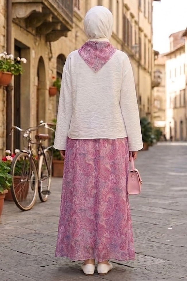 Şifon Fularlı Etekli Takım Pembe - 28696-PEMBE - 3