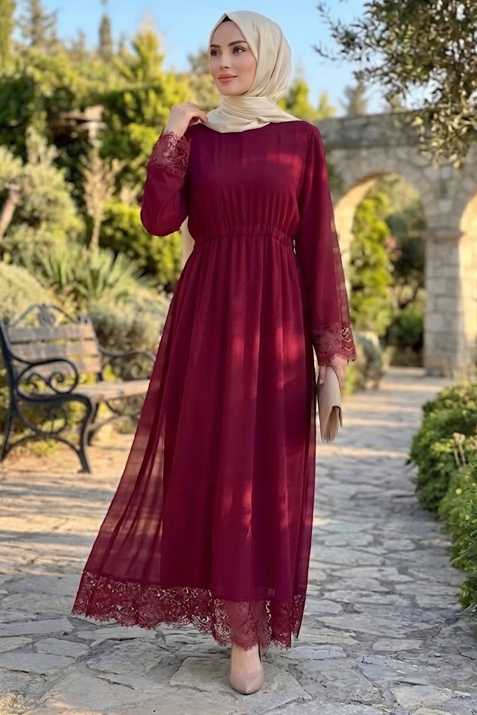 Şifon Güpürlü Elbise Bordo - 28817-BORDO - 2