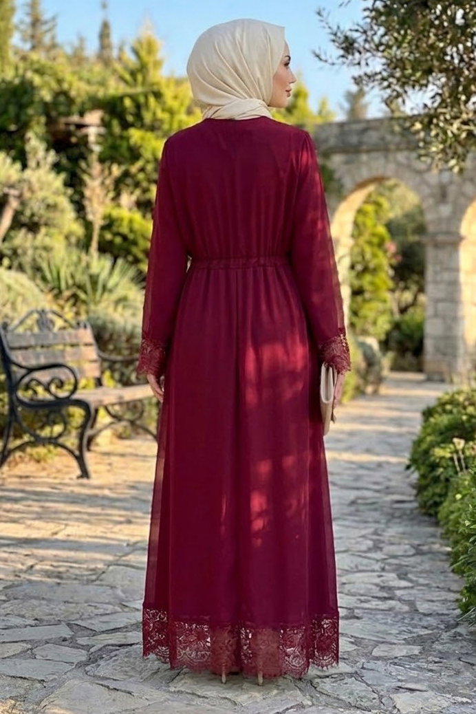 Şifon Güpürlü Elbise Bordo - 28817-BORDO - 3