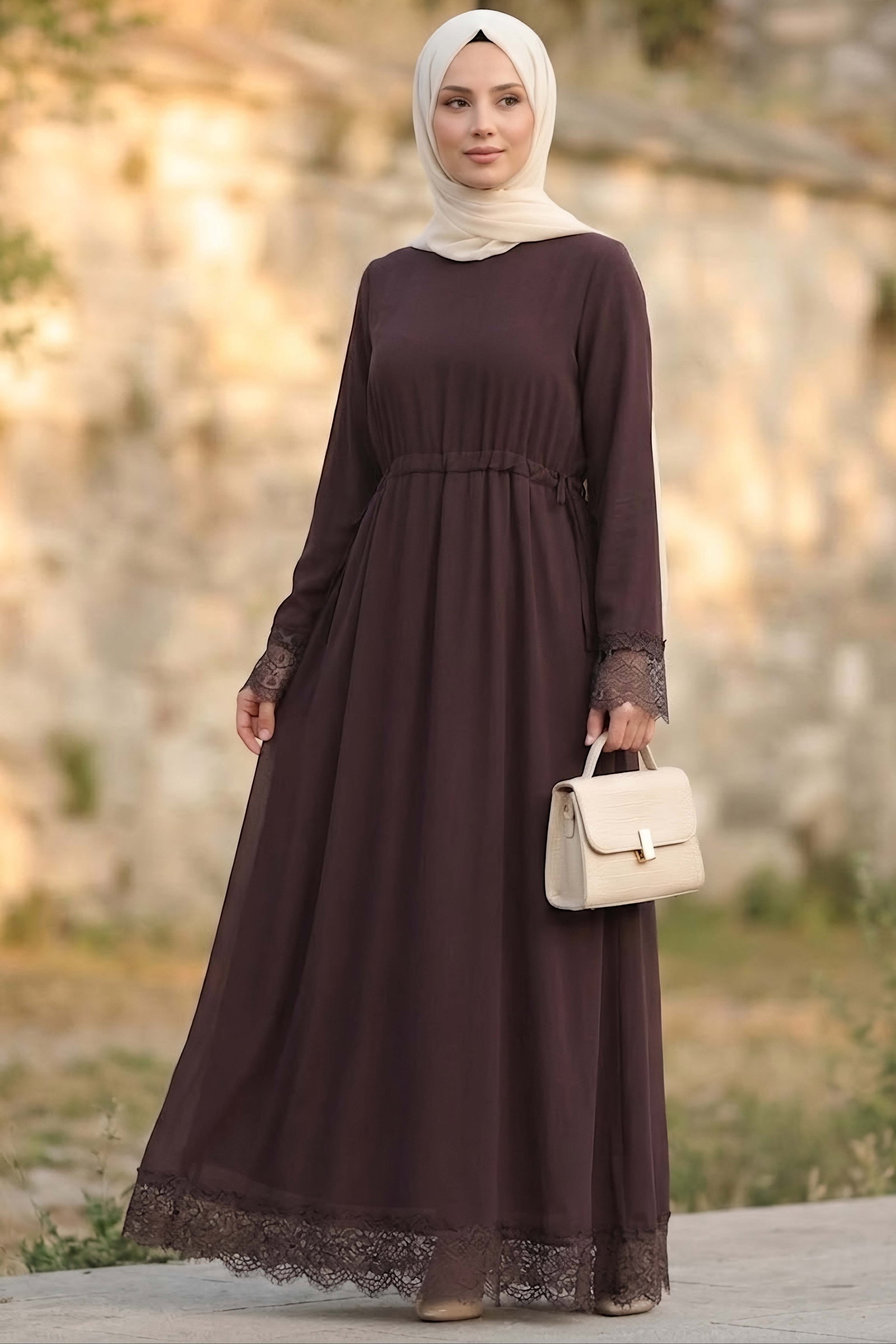Şifon Güpürlü Elbise Kahve - 28817-KAHVE - 1
