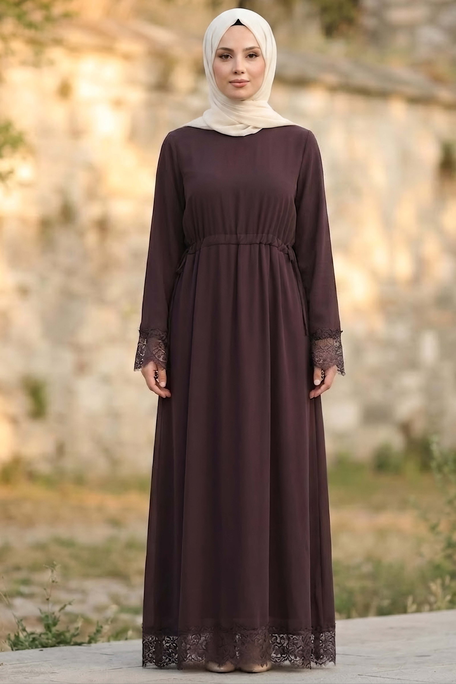 Şifon Güpürlü Elbise Kahve - 28817-KAHVE - 2