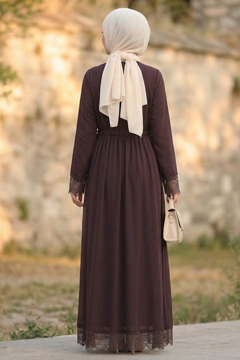 Şifon Güpürlü Elbise Kahve - 28817-KAHVE - 3