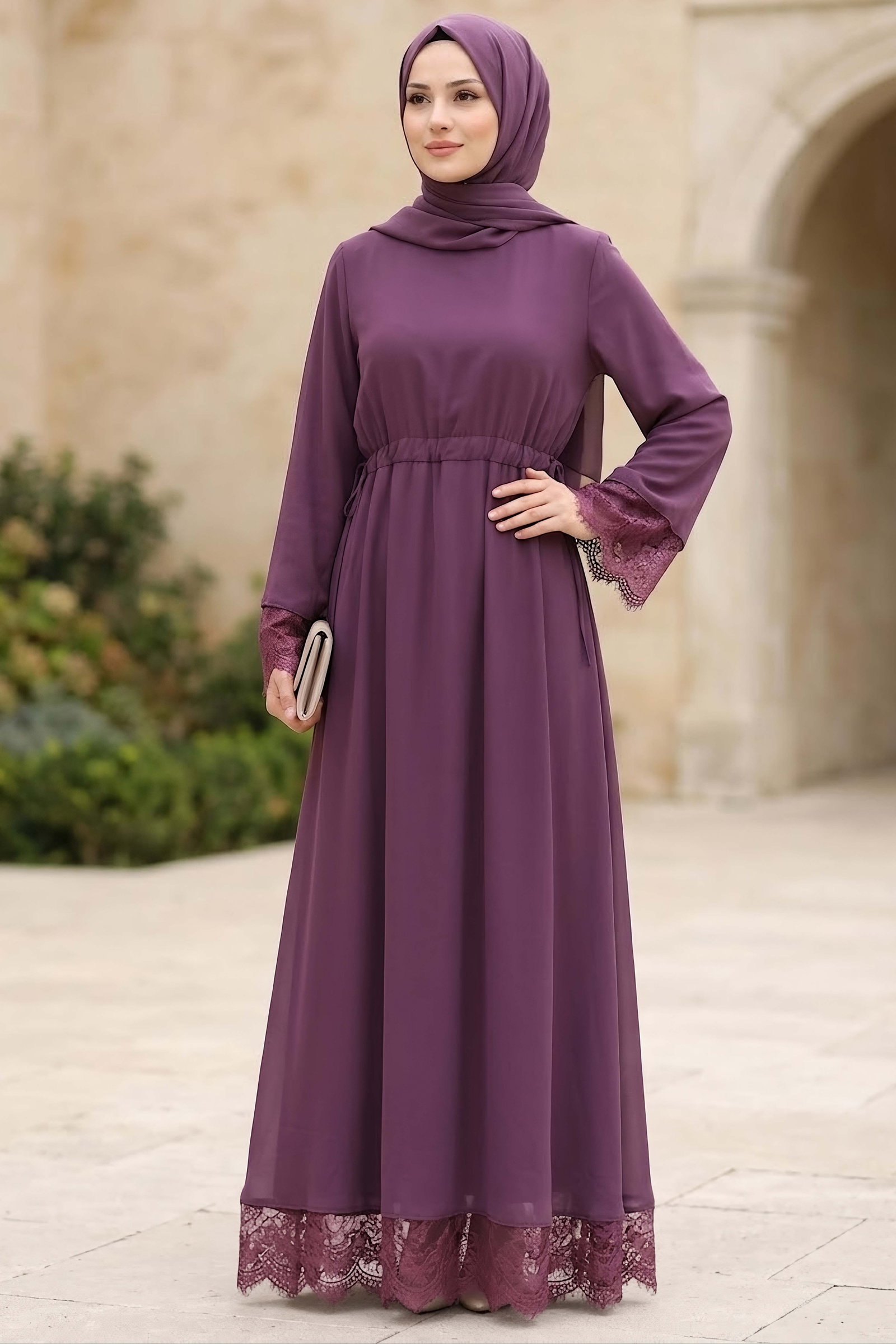 Şifon Güpürlü Elbise Mürdüm - 28817-MURDUM - 2