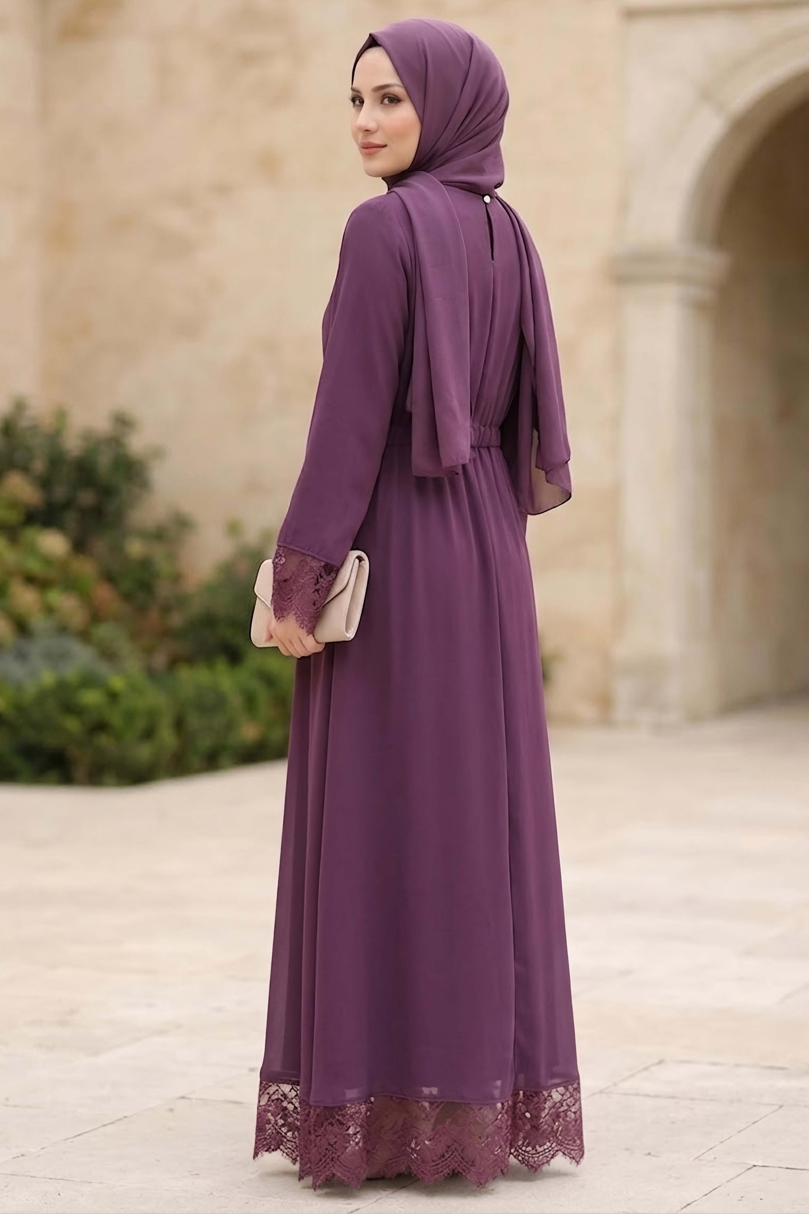 Şifon Güpürlü Elbise Mürdüm - 28817-MURDUM - 3