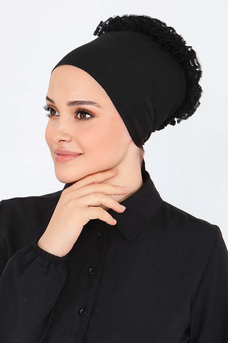 Silikonlu Esnek Penye Fırfırlı Bone - 27716-SIYAH - TOFİSA