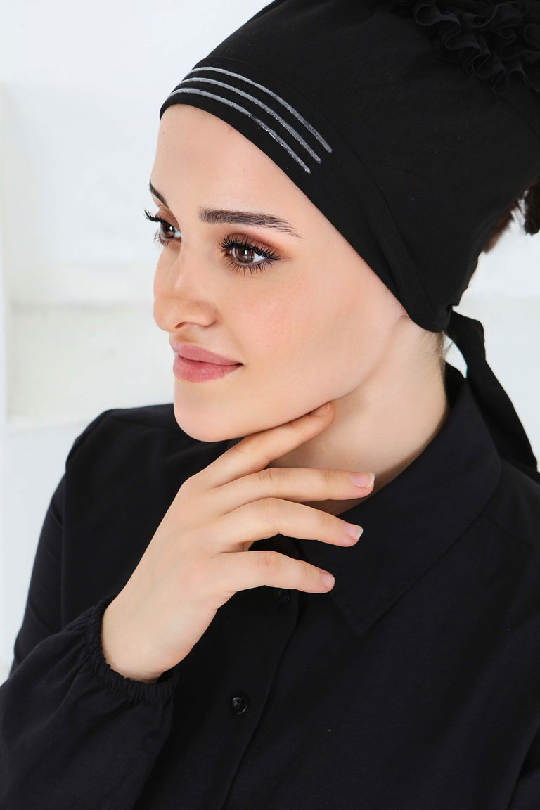 Silikonlu Esnek Penye Fırfırlı Bone - 27716-SIYAH - TOFİSA