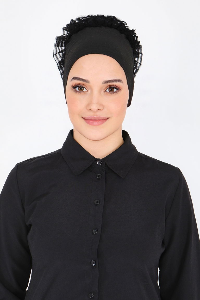 Silikonlu Esnek Penye Fırfırlı Bone - 27716-SIYAH - TOFİSA