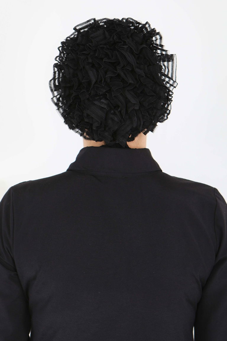 Silikonlu Esnek Penye Fırfırlı Bone - 27716-SIYAH - TOFİSA