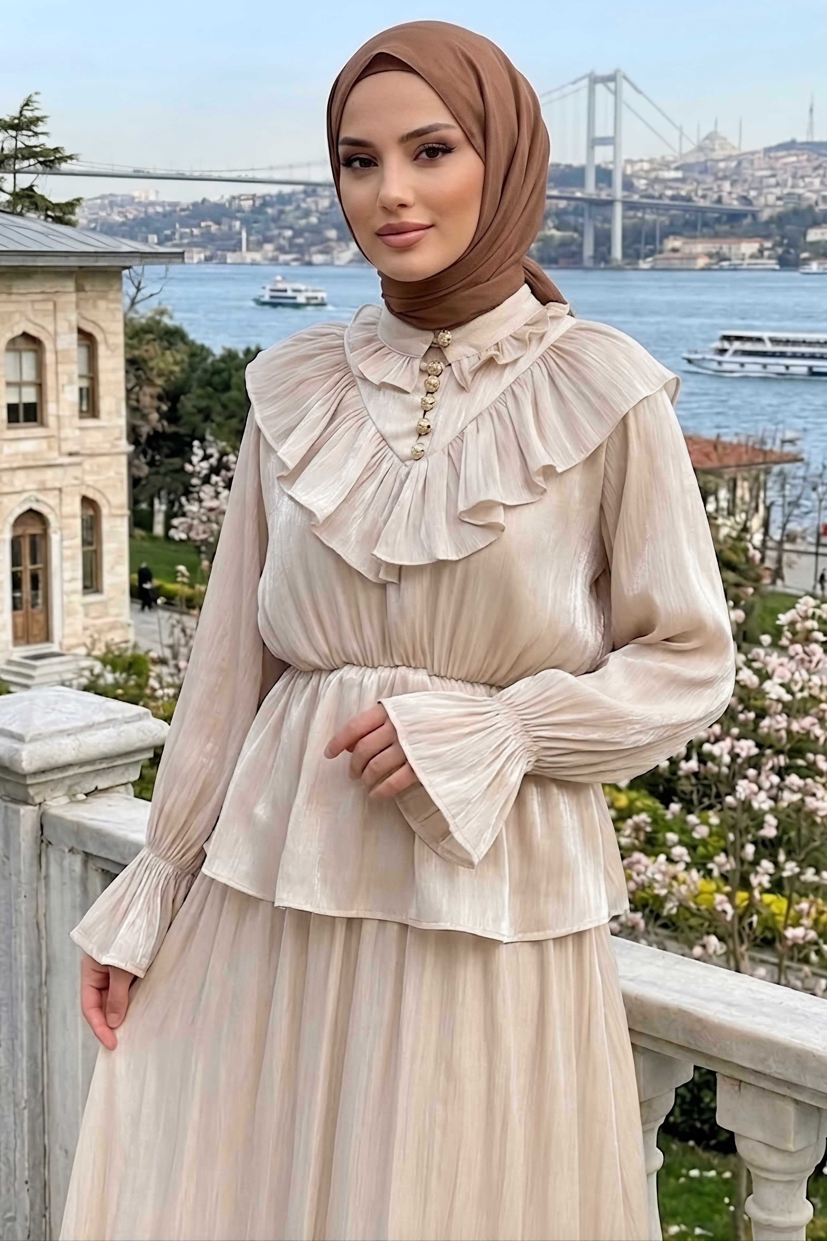 Simli Etekli Takım Krem - 28768-KREM - 2