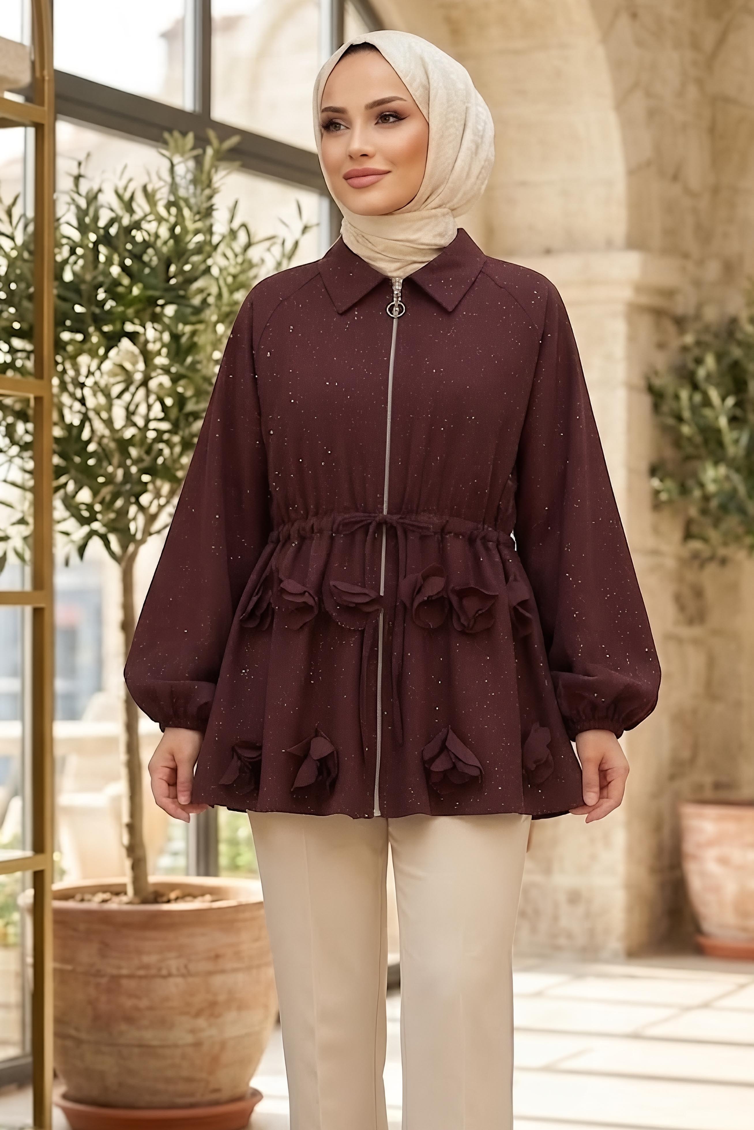 Simli Önü Papatya Detaylı Ceket Bordo - 28774-BORDO - 1