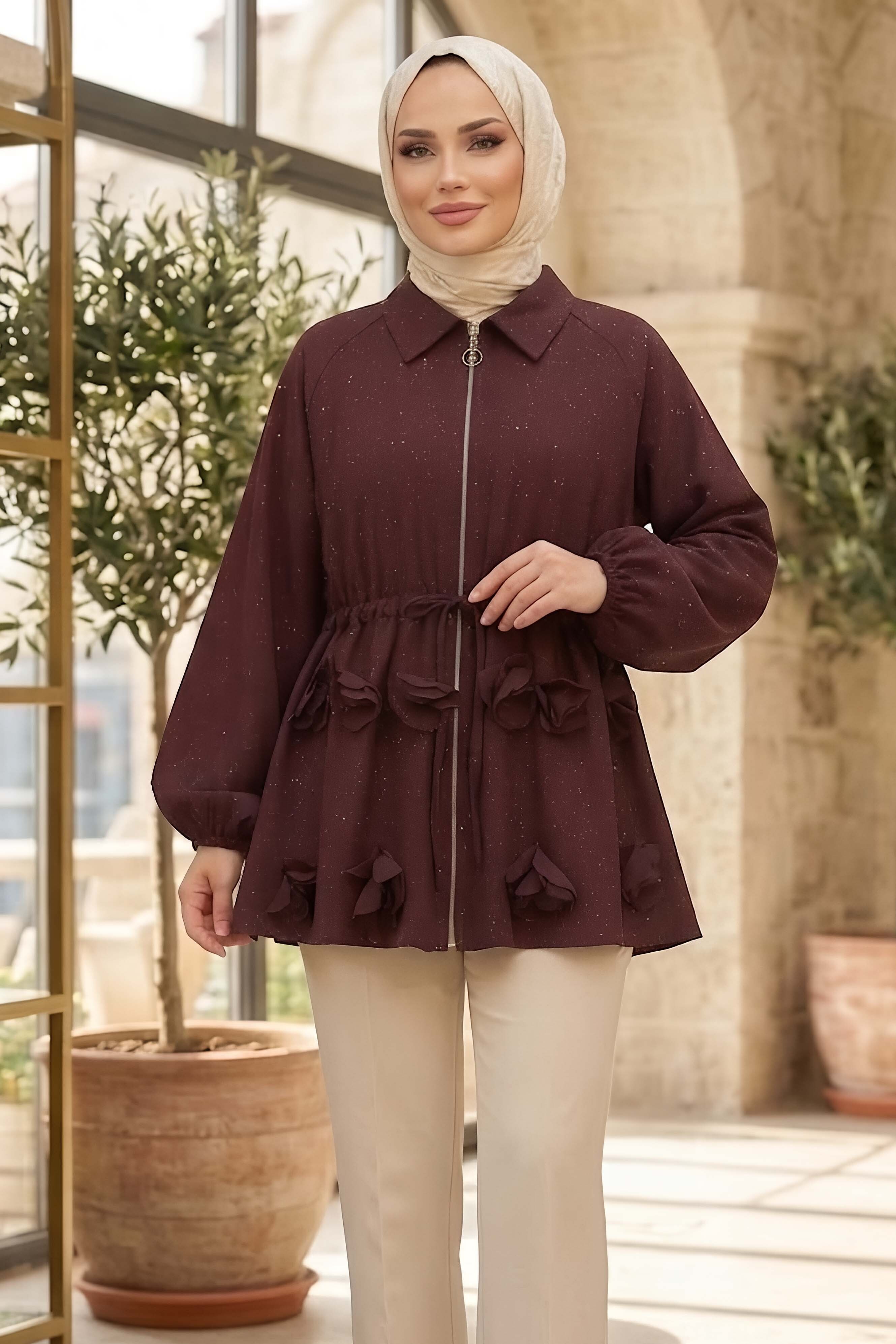 Simli Önü Papatya Detaylı Ceket Bordo - 28774-BORDO - 2