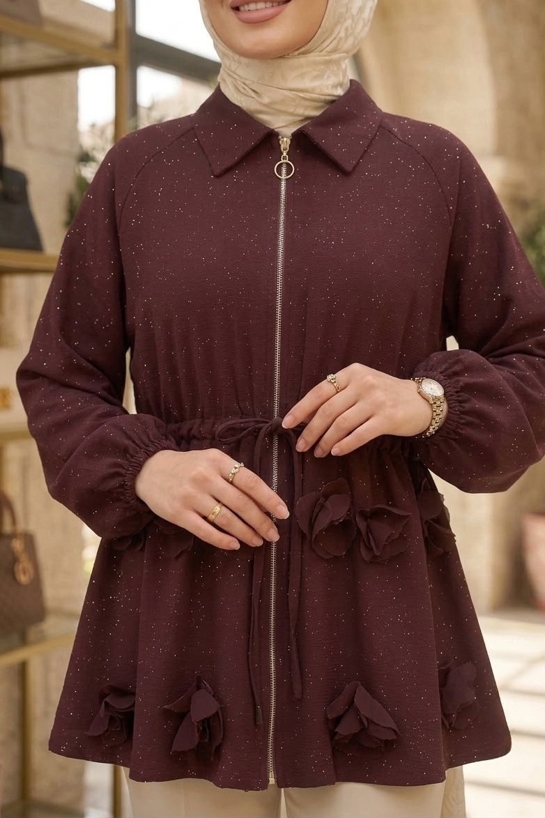 Simli Önü Papatya Detaylı Ceket Bordo - 28774-BORDO - 3