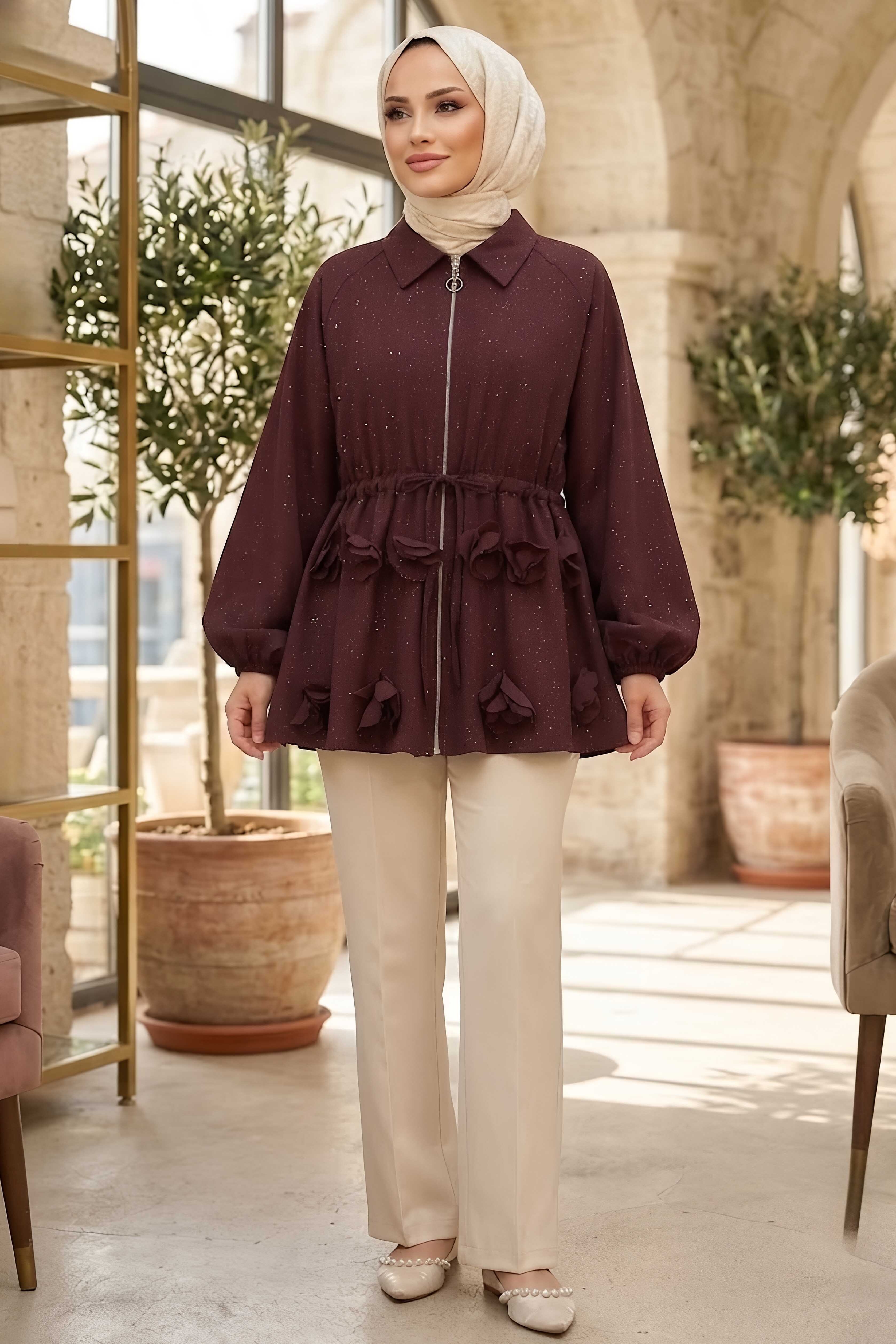 Simli Önü Papatya Detaylı Ceket Bordo - 28774-BORDO - 4
