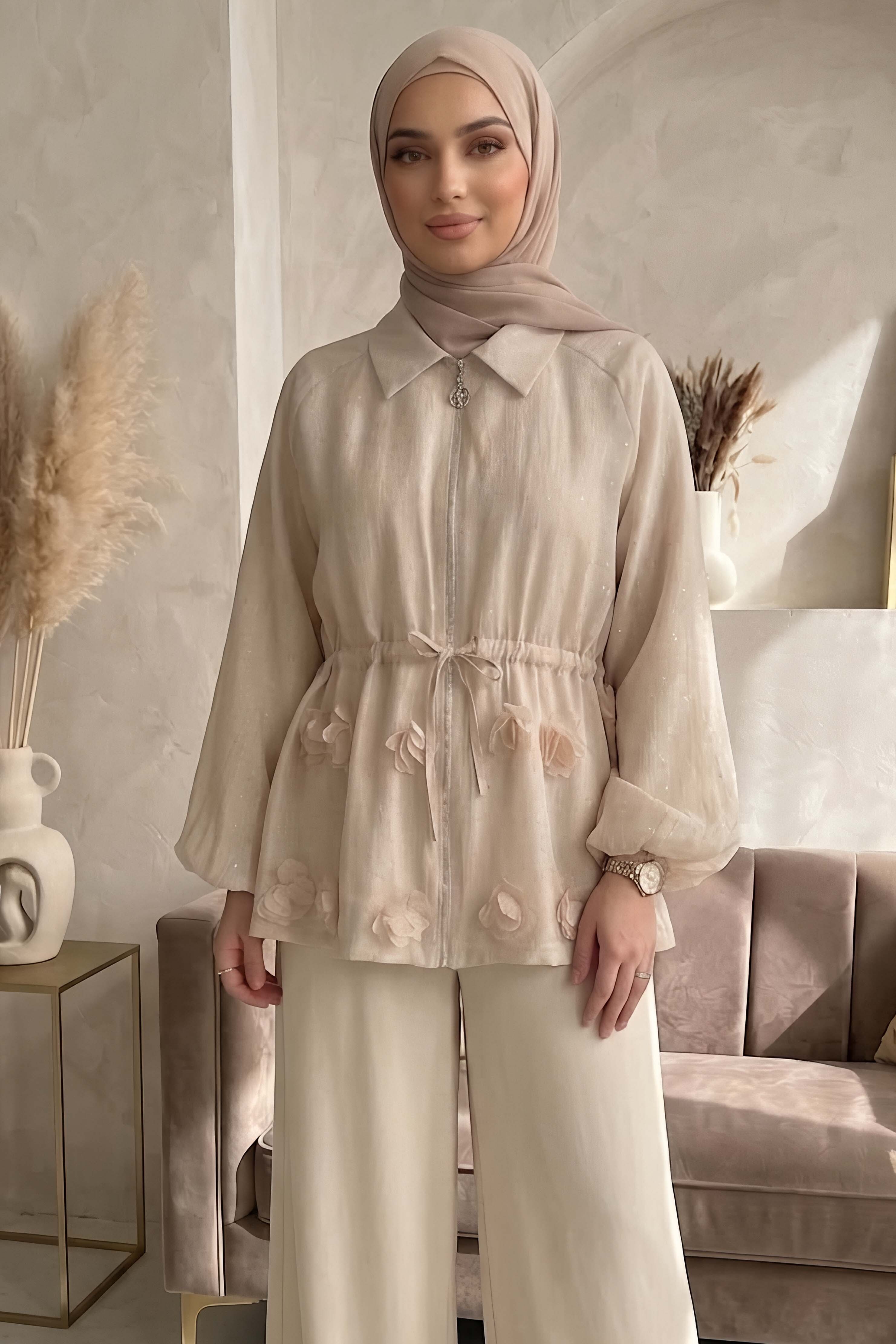 Simli Önü Papatya Detaylı Ceket Krem - 28774-KREM - 1