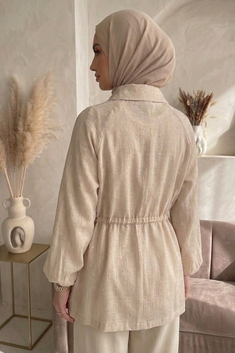 Simli Önü Papatya Detaylı Ceket Krem - 28774-KREM - 4