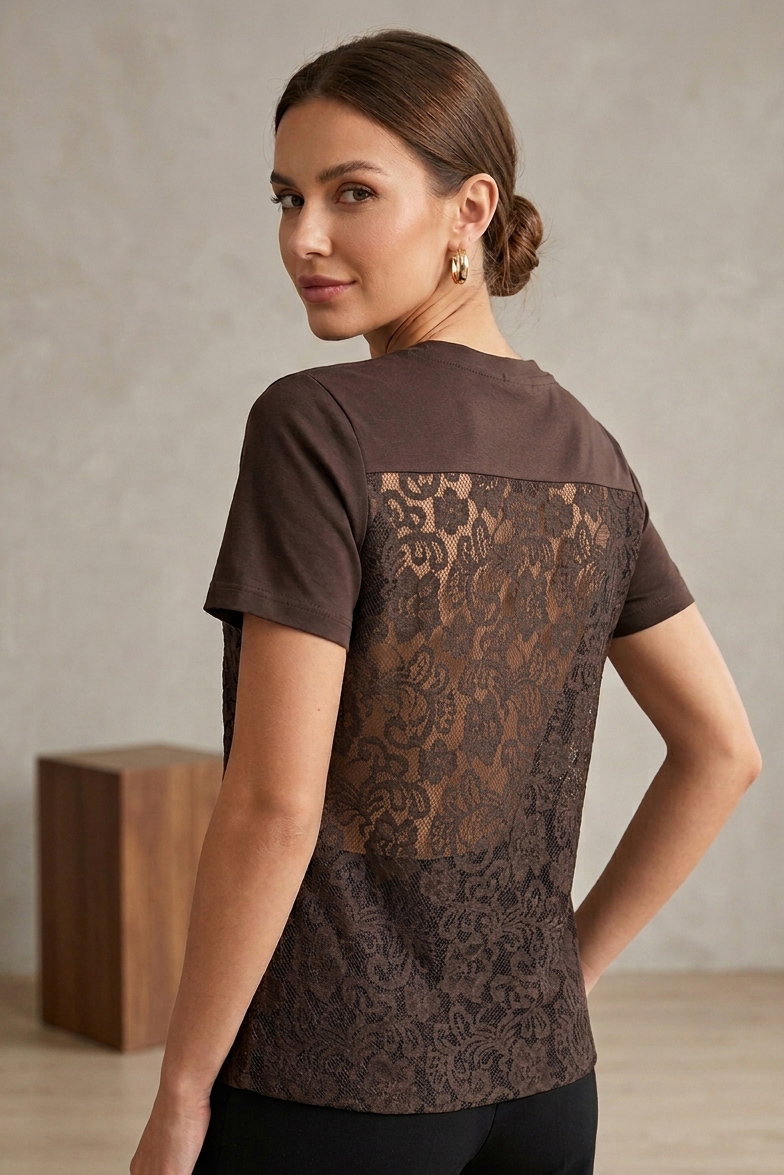 Sırt Dantelli T-shirt - 28415-KAHVE - 1