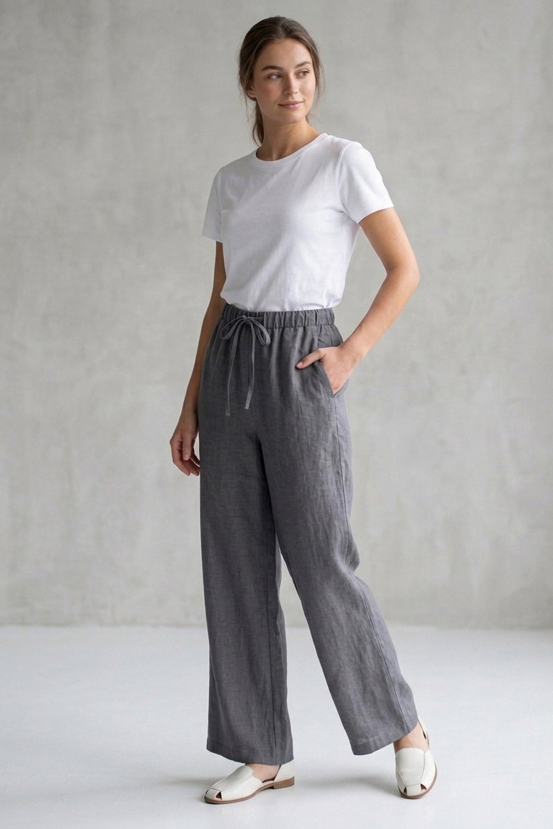 Sofia Keten Beli Lastikli Pantolon - 28416-FUME - 1
