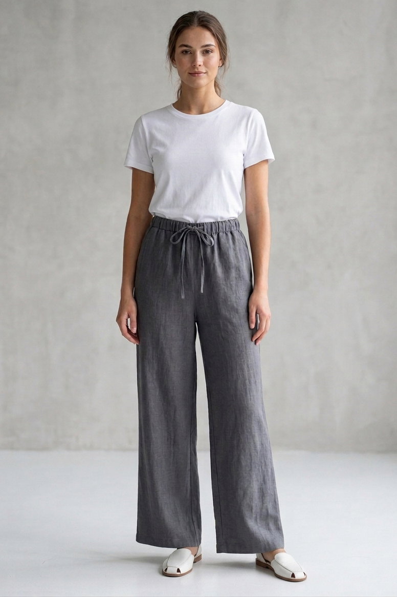 Sofia Keten Beli Lastikli Pantolon - 28416-FUME - 2
