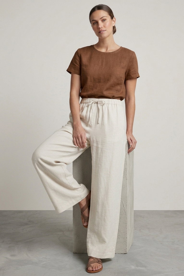 Sofia Keten Beli Lastikli Pantolon - 28416-KREM - 1