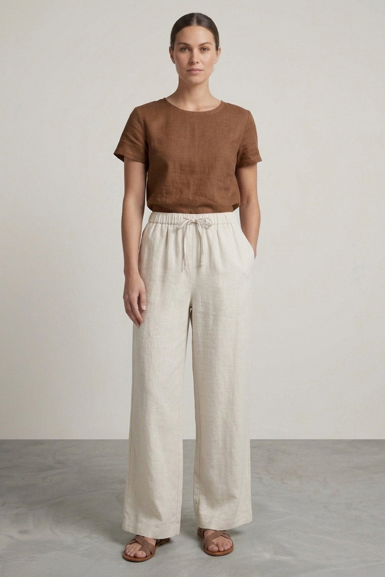 Sofia Keten Beli Lastikli Pantolon - 28416-KREM - 2