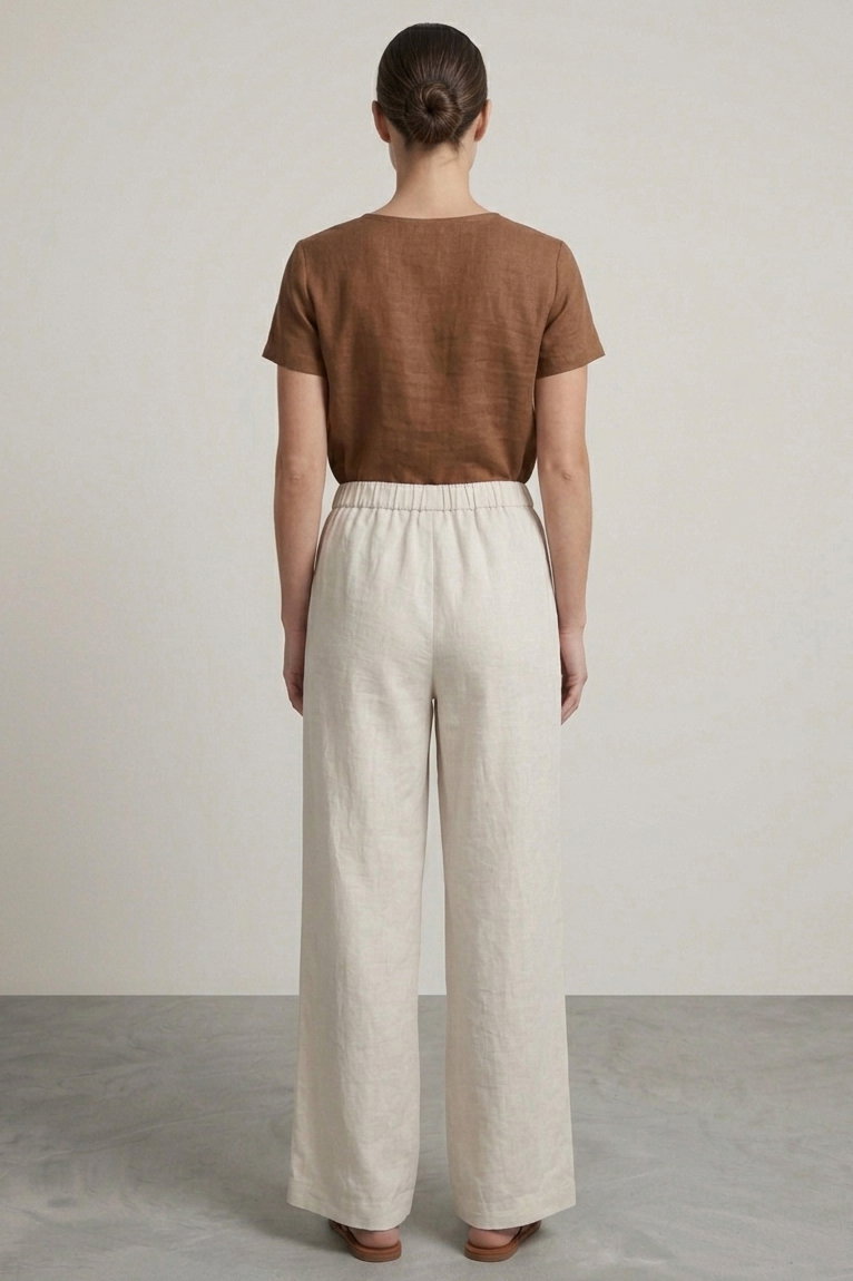 Sofia Keten Beli Lastikli Pantolon - 28416-KREM - 3