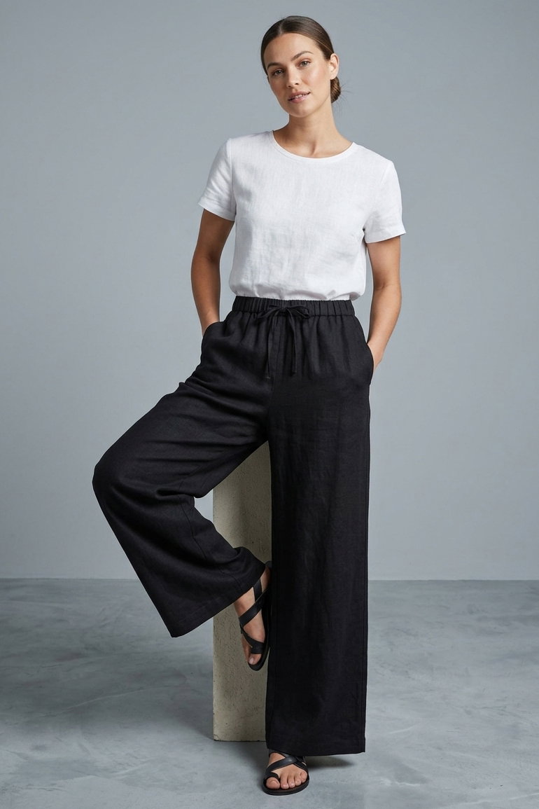 Sofia Keten Beli Lastikli Pantolon - 28416-SIYAH - 1