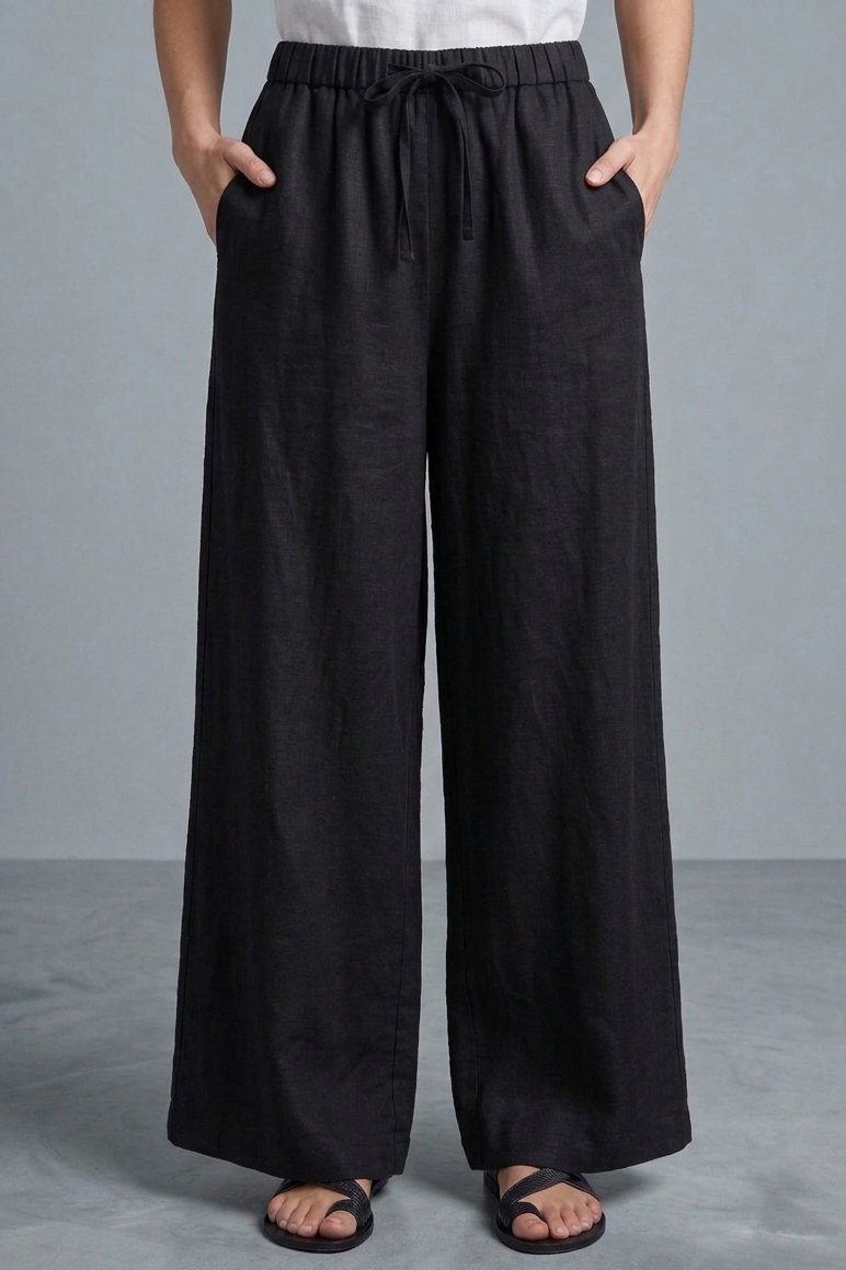 Sofia Keten Beli Lastikli Pantolon - 28416-SIYAH - 2