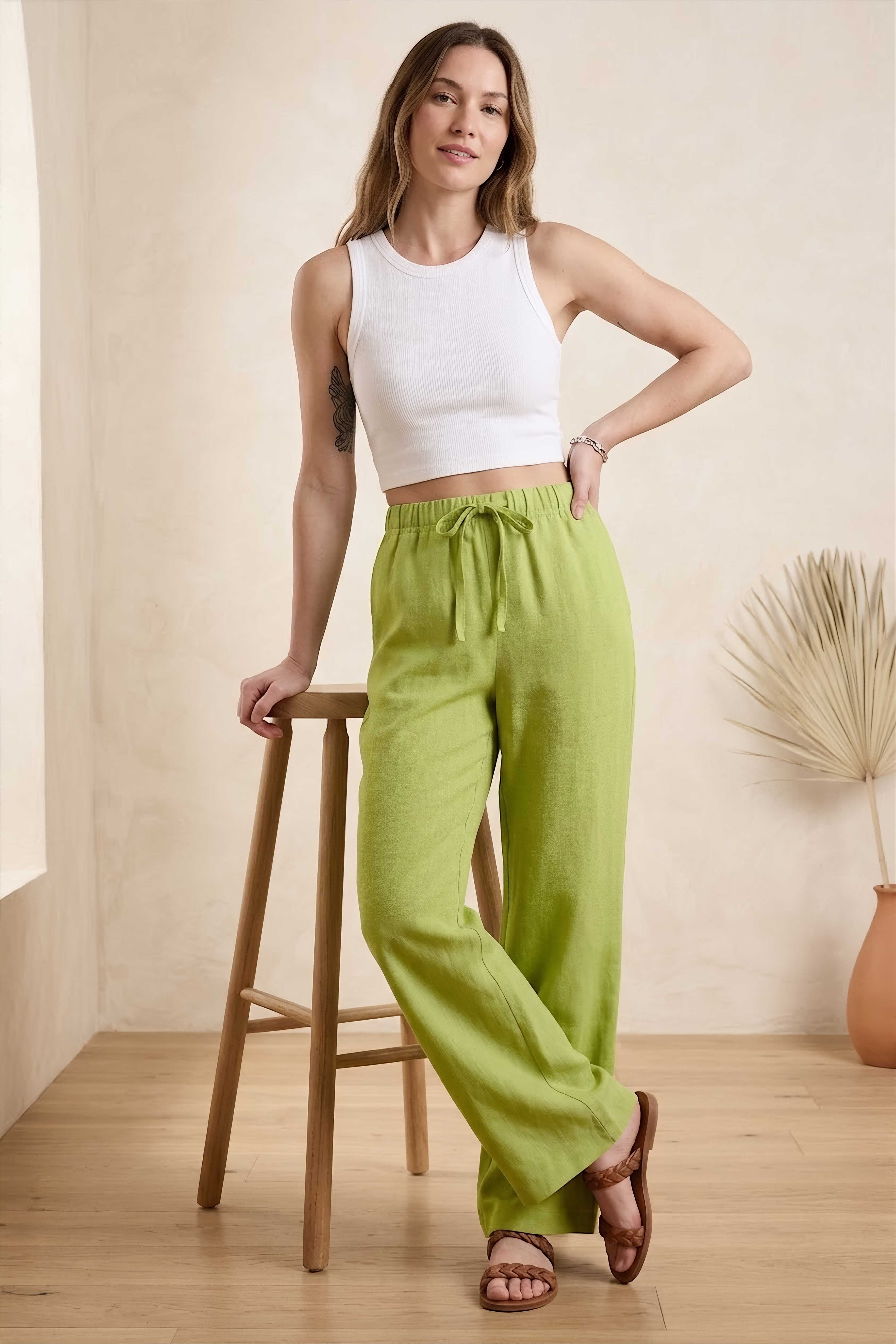 Sofia Keten Beli Lastikli Pantolon Fistik Yesili - 2131-FISTIK-YESILI - 1