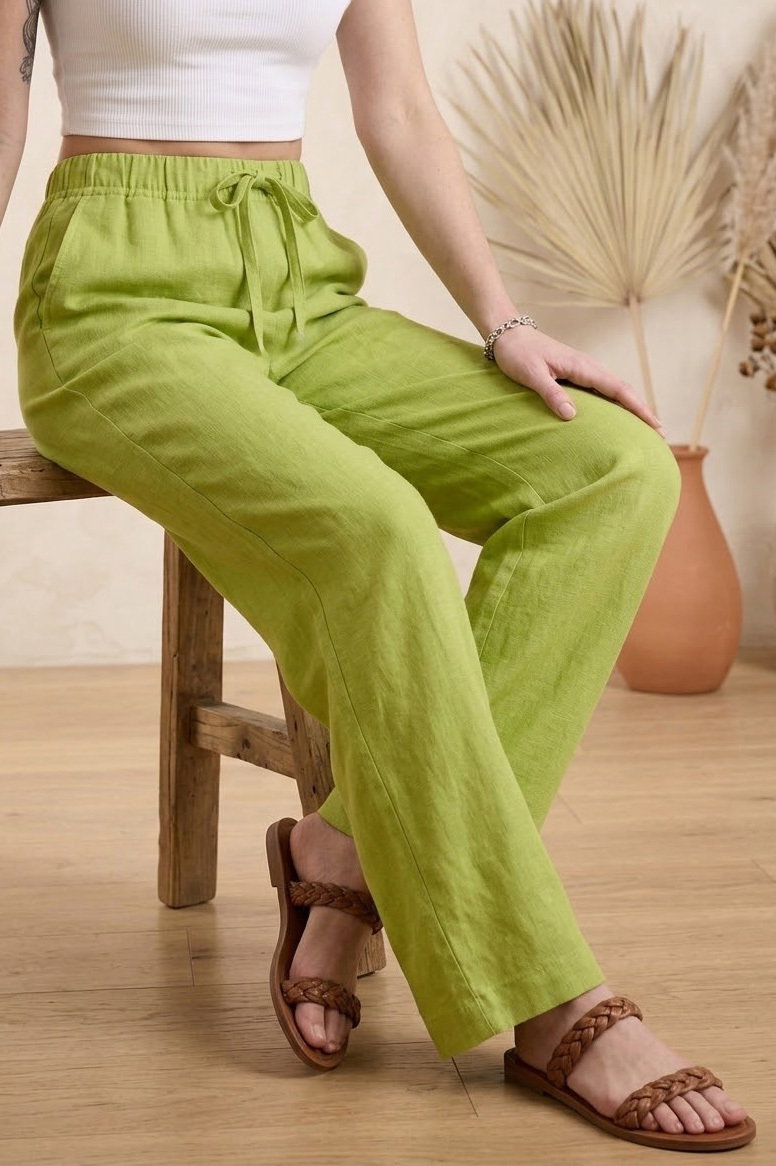 Sofia Keten Beli Lastikli Pantolon Fistik Yesili - 2131-FISTIK-YESILI - 2
