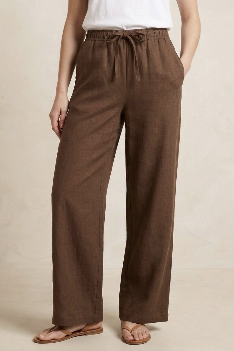Sofia Keten Beli Lastikli Pantolon Kahve - 2131-KAHVE - 1