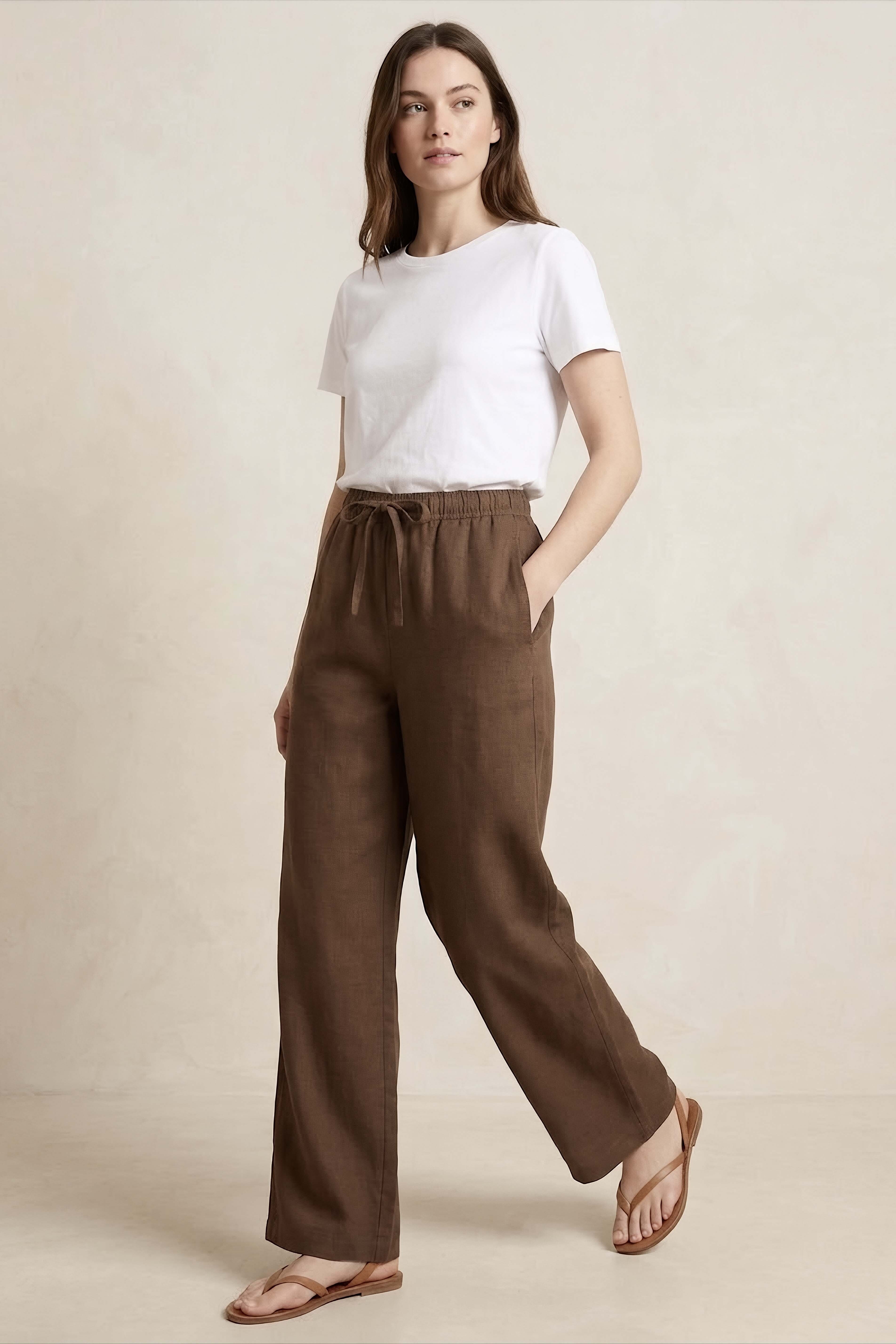 Sofia Keten Beli Lastikli Pantolon Kahve - 2131-KAHVE - 2