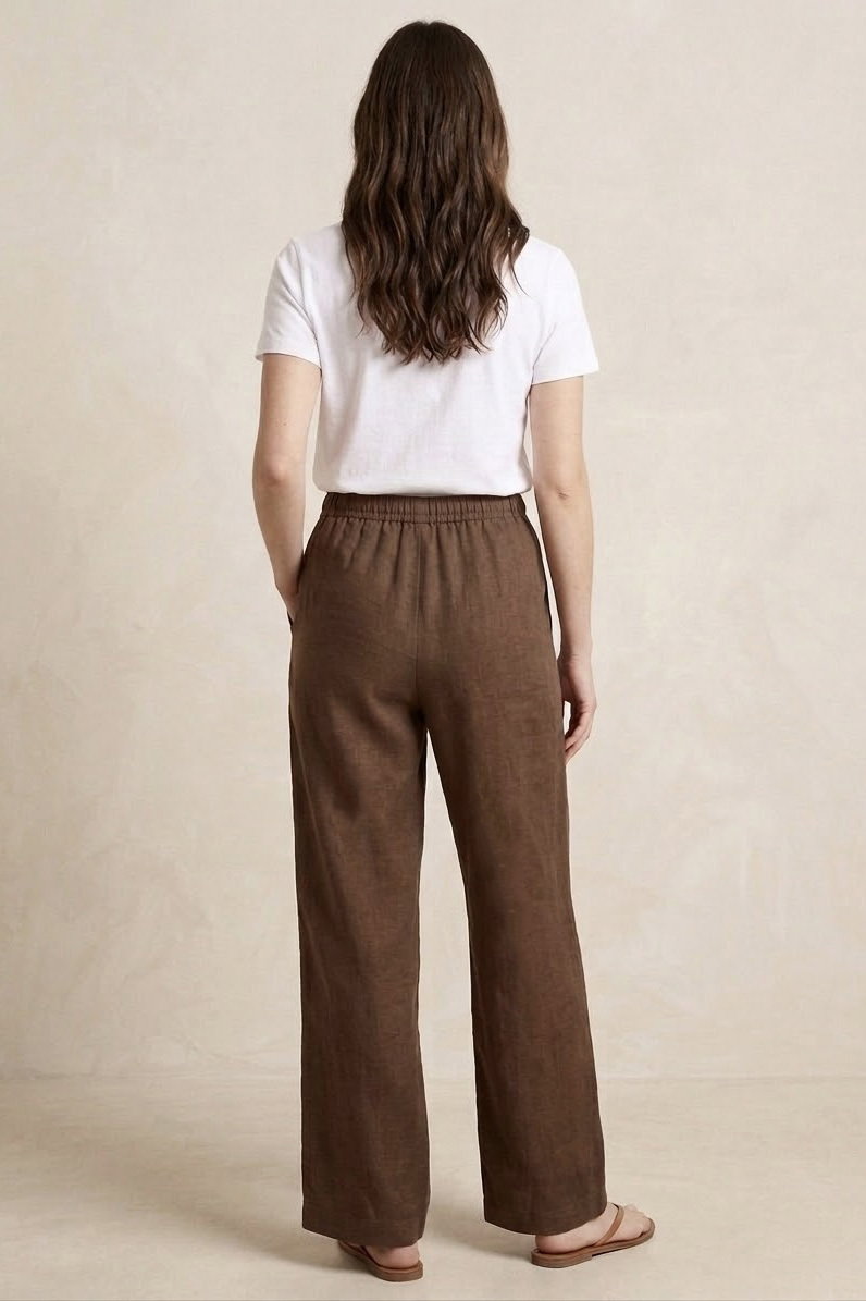 Sofia Keten Beli Lastikli Pantolon Kahve - 2131-KAHVE - 4