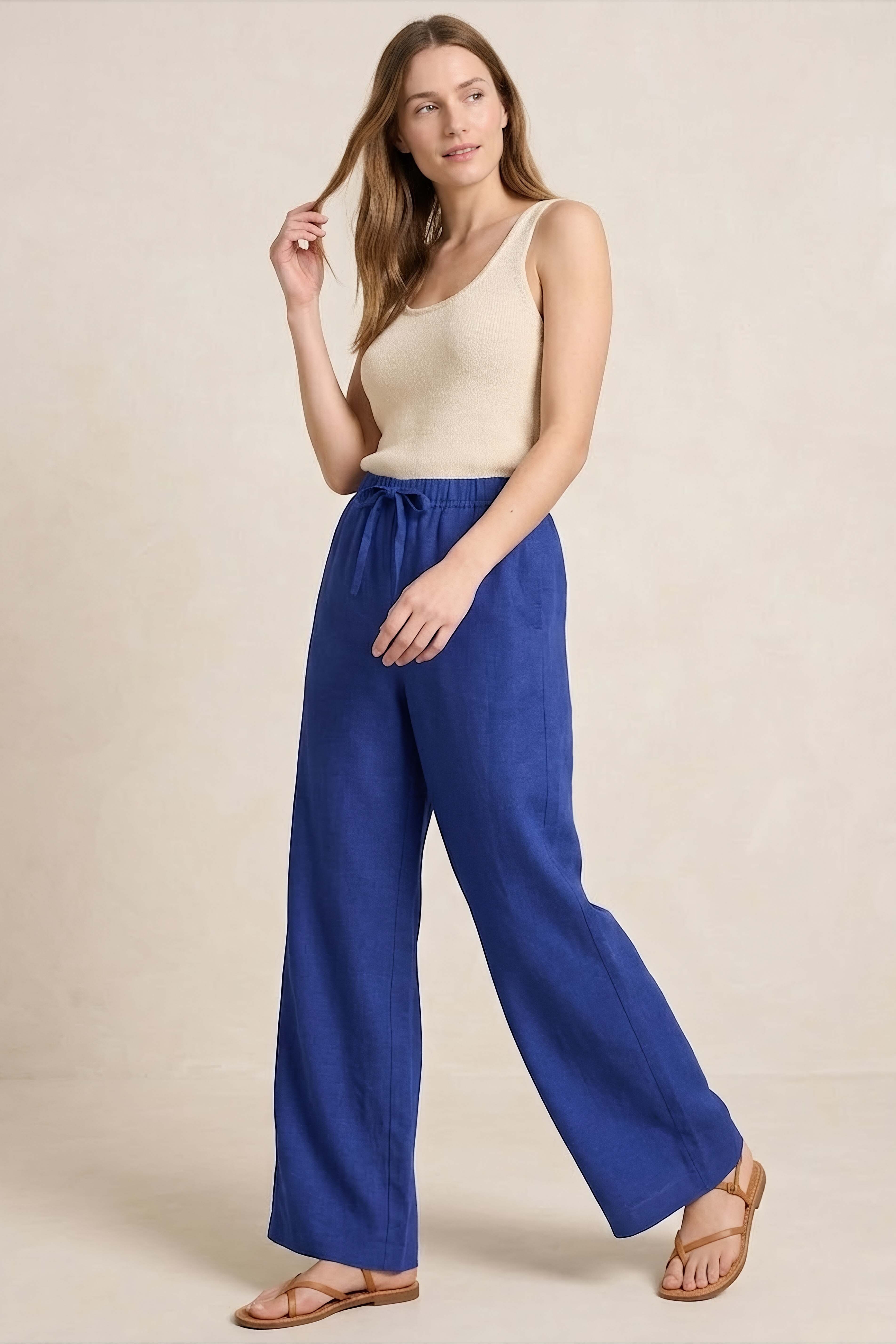 Sofia Keten Beli Lastikli Pantolon Lacivert - 2131-LACIVERT - 2