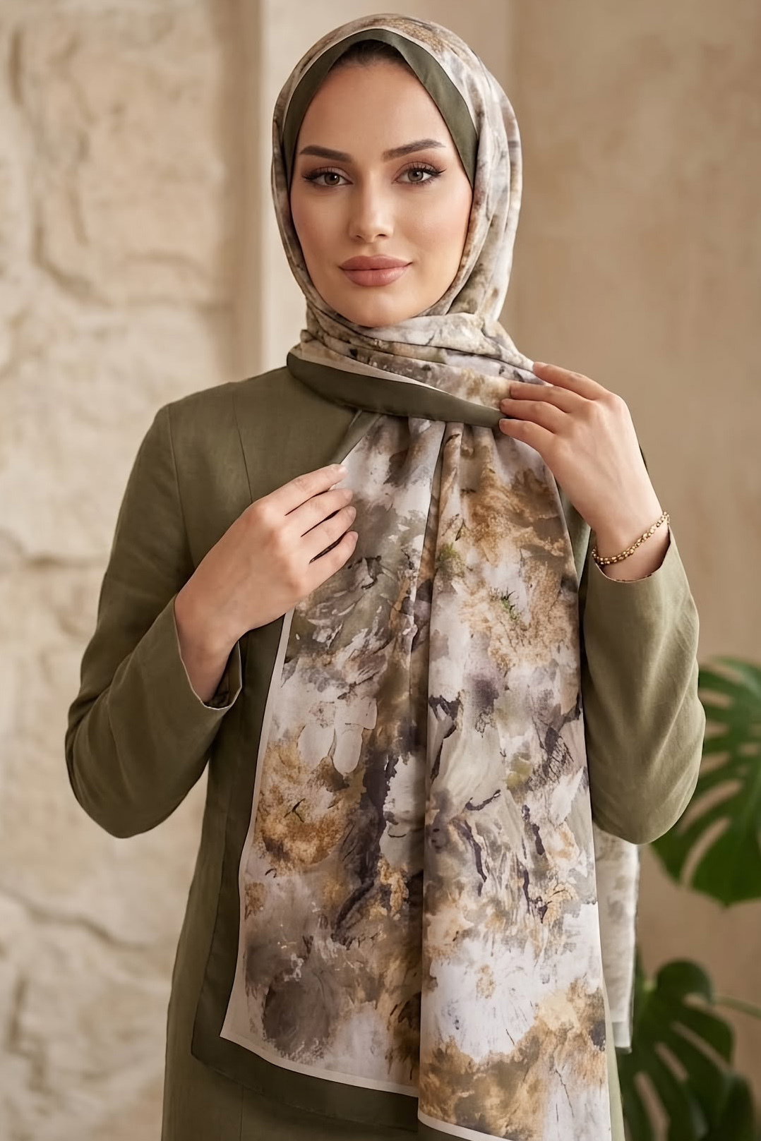 Soft Desen İtalyan İpek Şal Haki - 28757-HAKI - 1