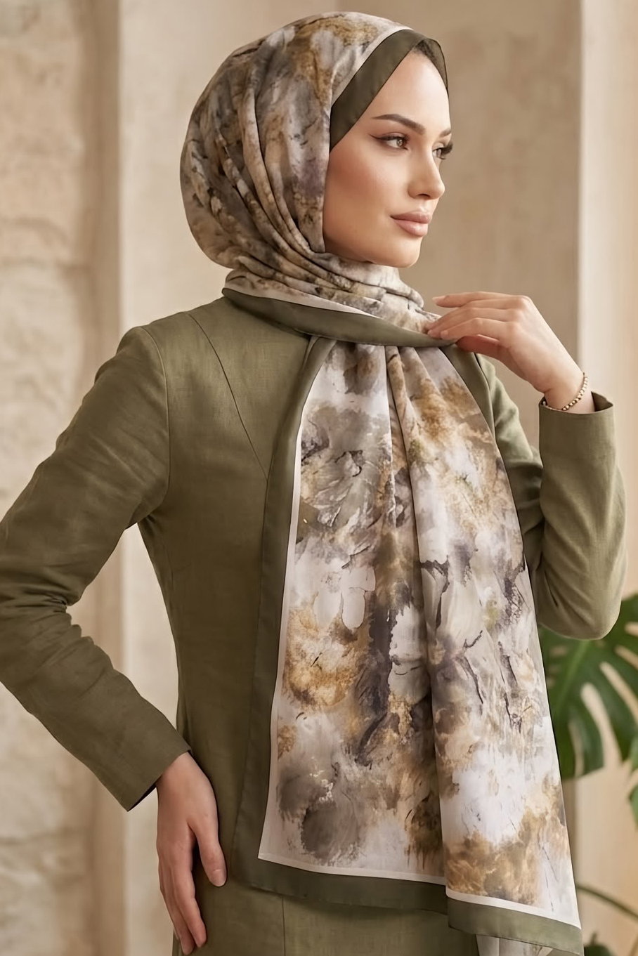 Soft Desen İtalyan İpek Şal Haki - 28757-HAKI - 2