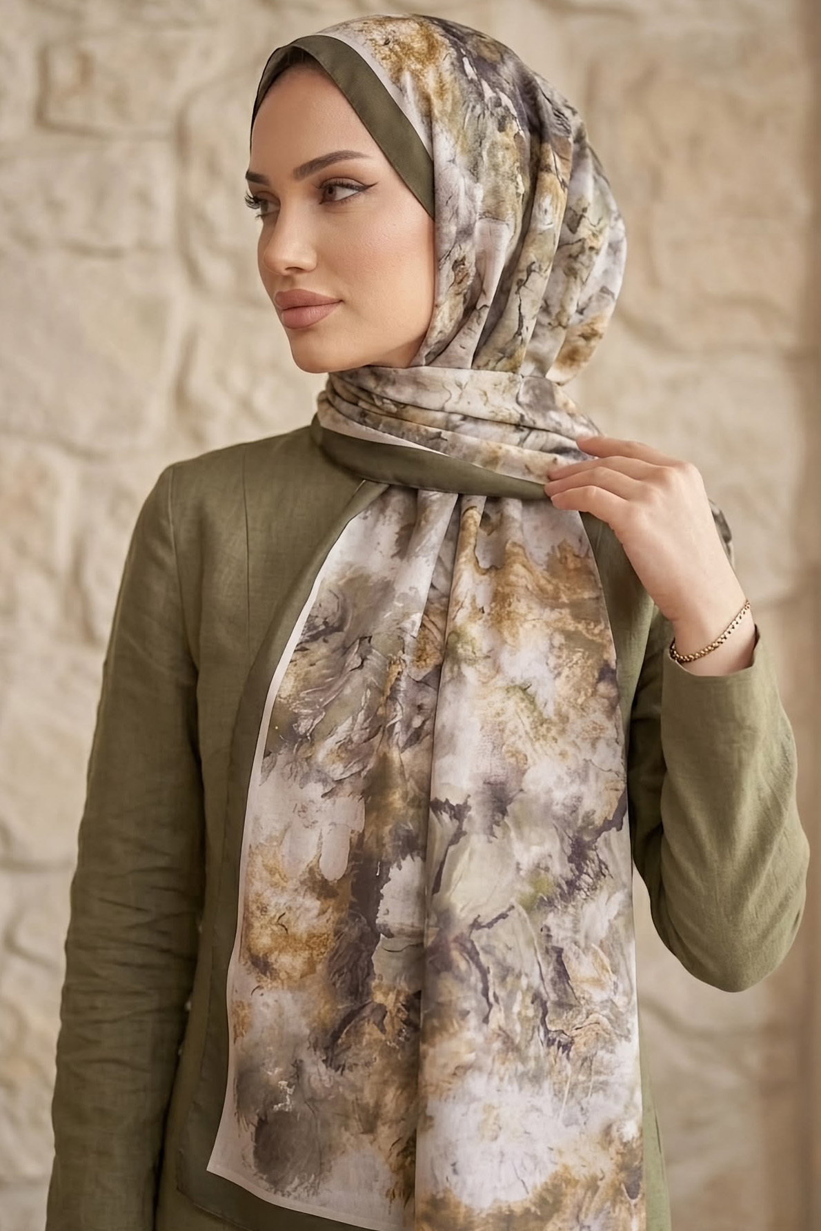 Soft Desen İtalyan İpek Şal Haki - 28757-HAKI - 3