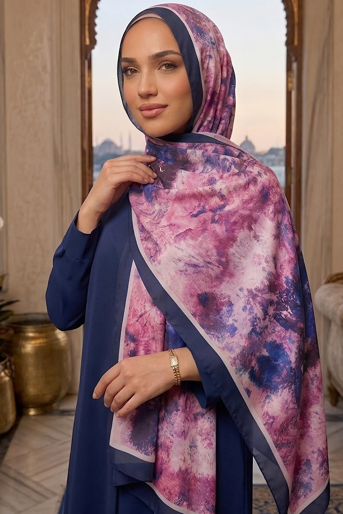 Soft Desen İtalyan İpek Şal Lacivert - 28757-LACIVERT - 2