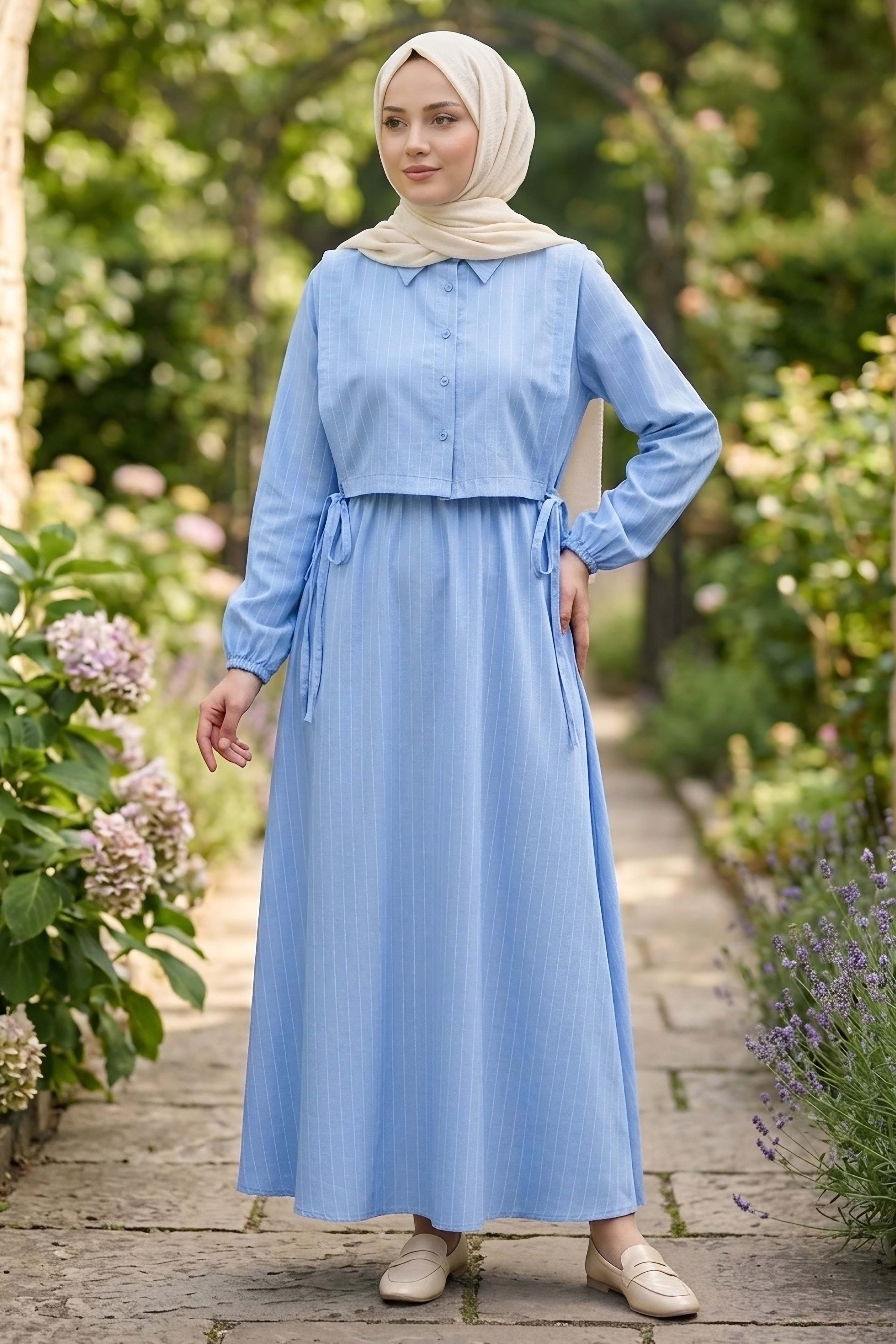 Süveterli Çizgili Elbise - 2106-BEBE-MAVI - 1