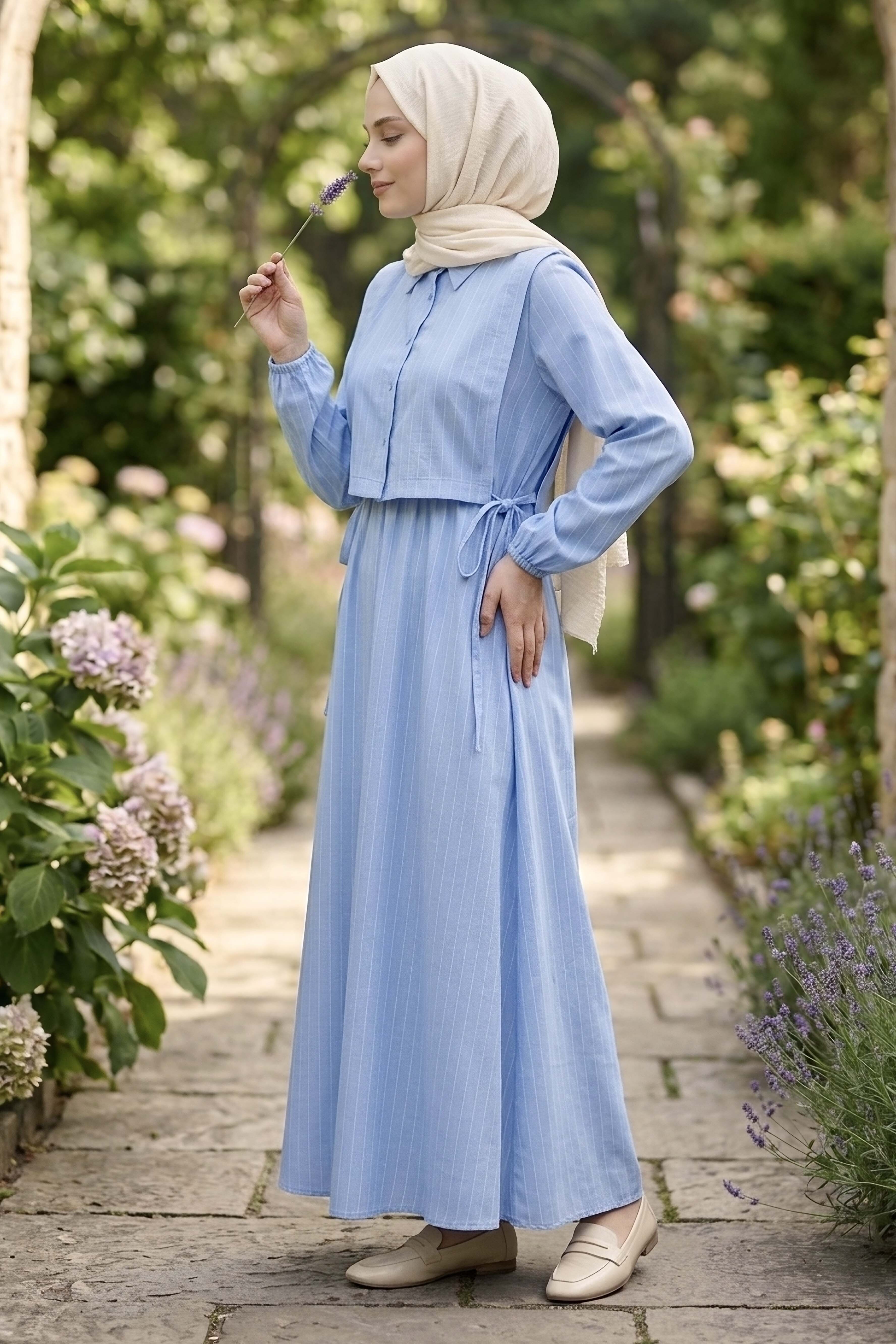 Süveterli Çizgili Elbise - 2106-BEBE-MAVI - 2