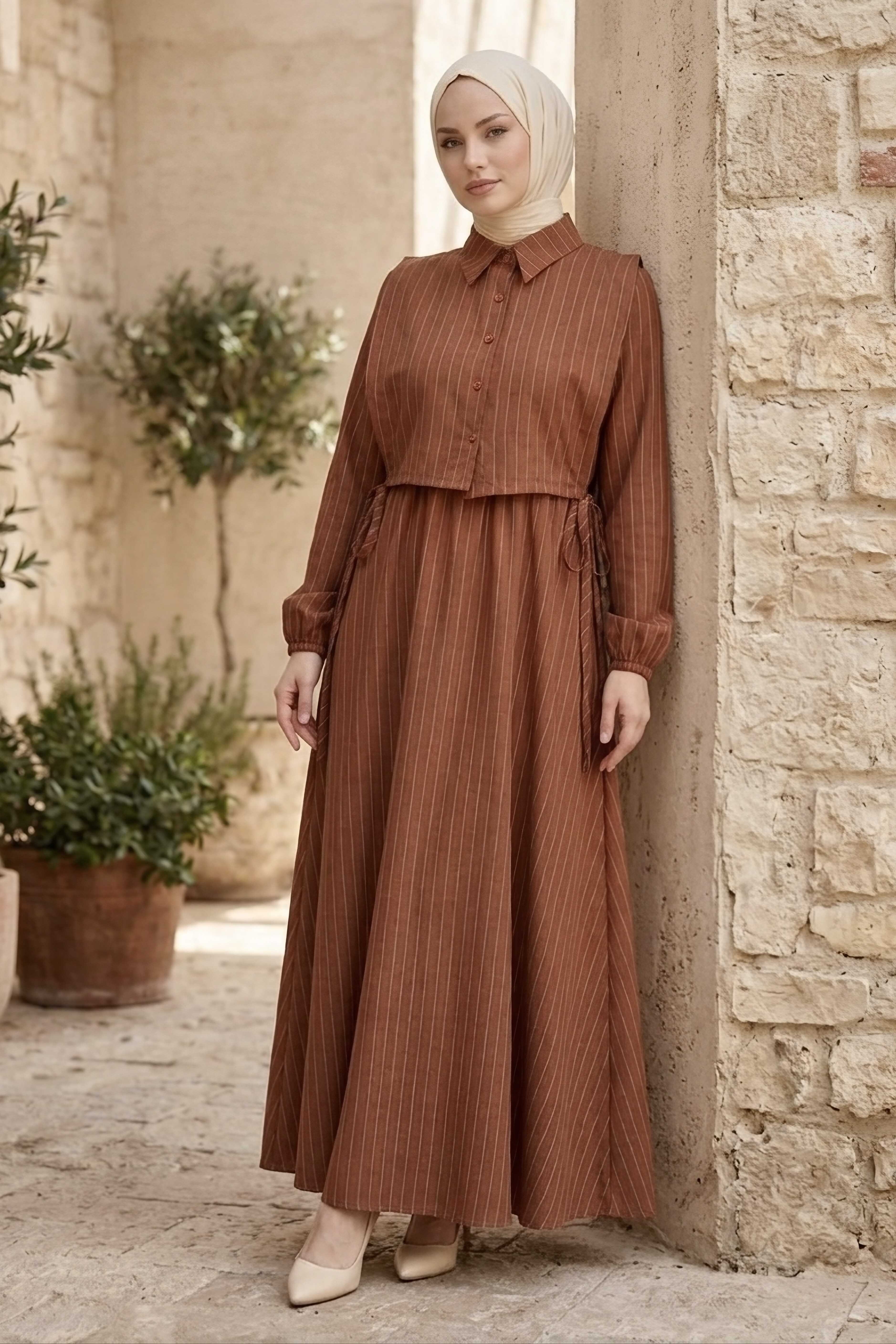 Süveterli Çizgili Elbise - 2106-KAHVE - 1