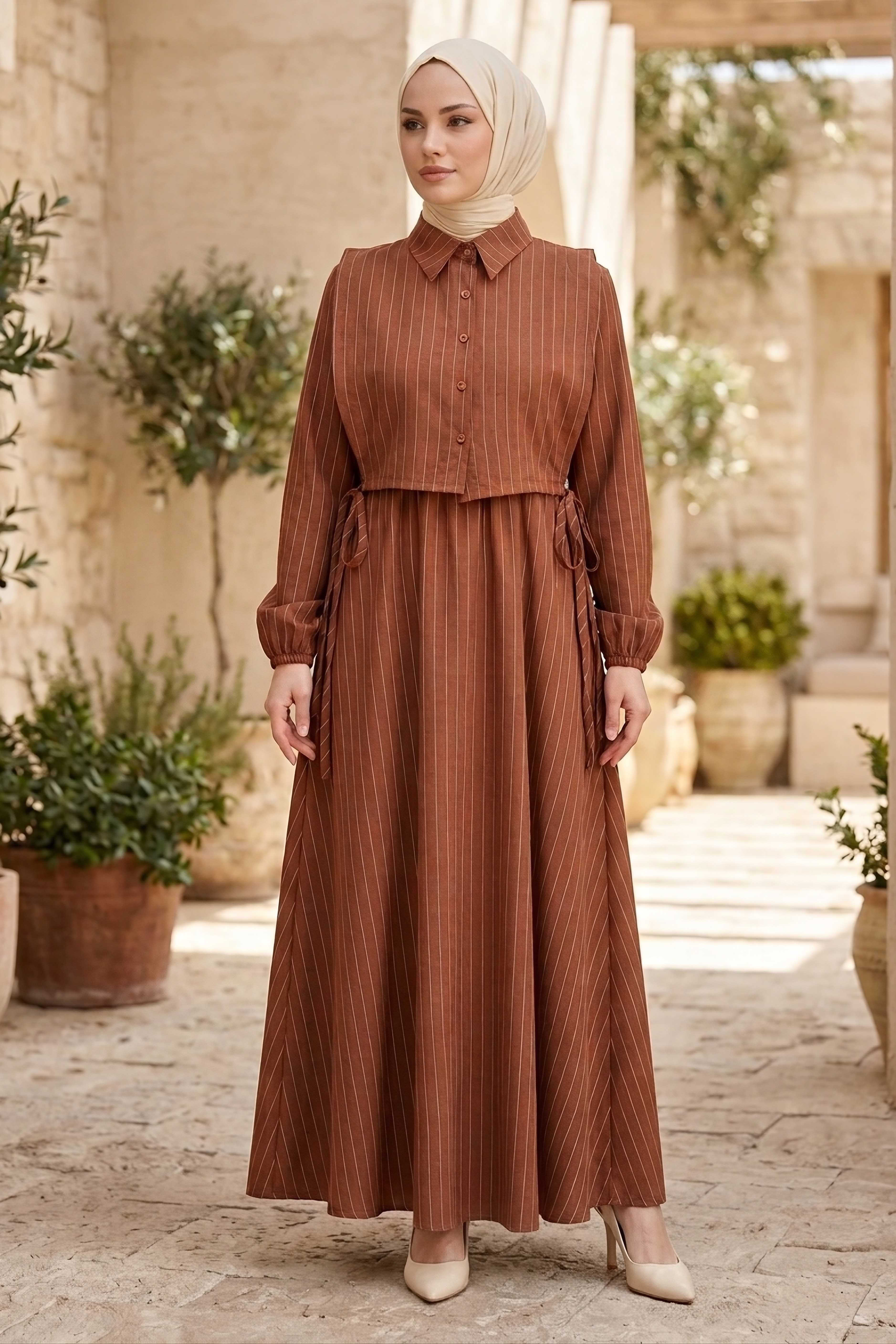 Süveterli Çizgili Elbise - 2106-KAHVE - 2