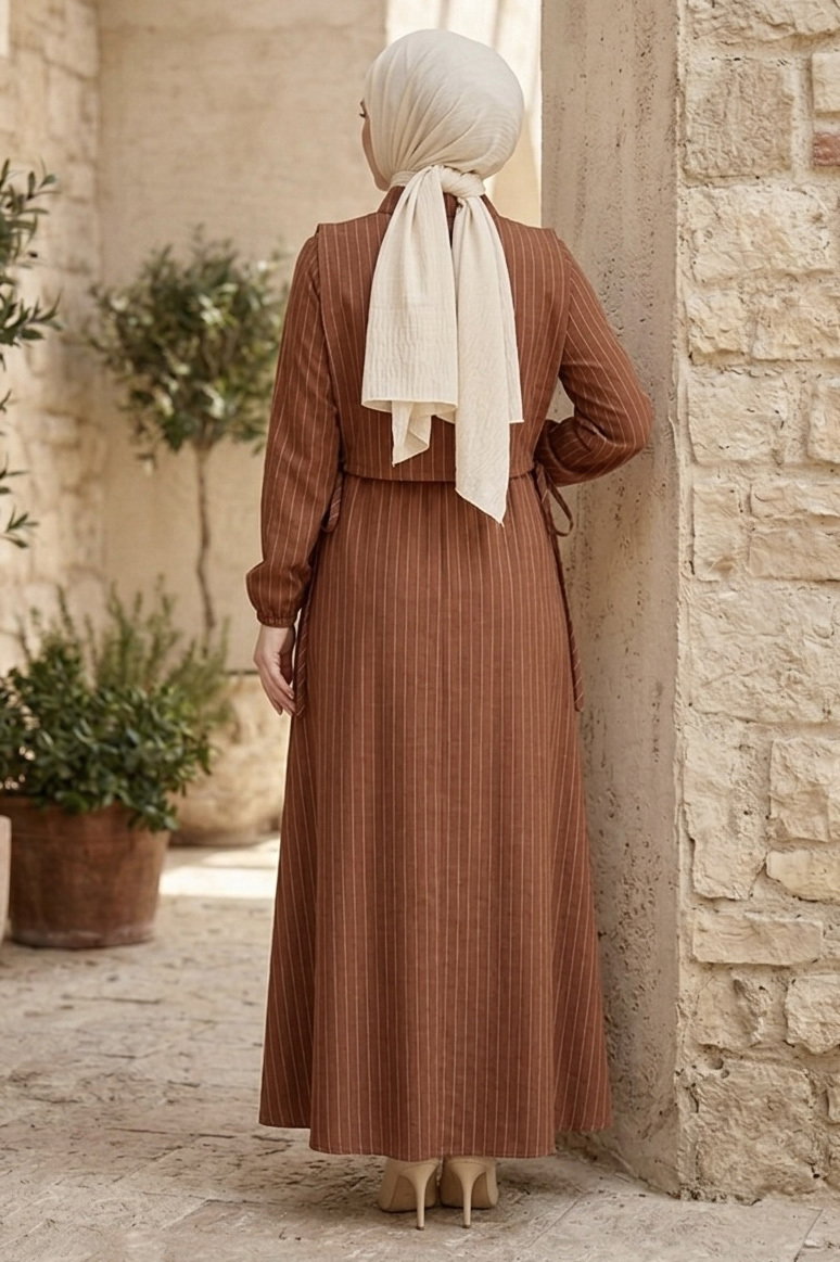 Süveterli Çizgili Elbise - 2106-KAHVE - 3
